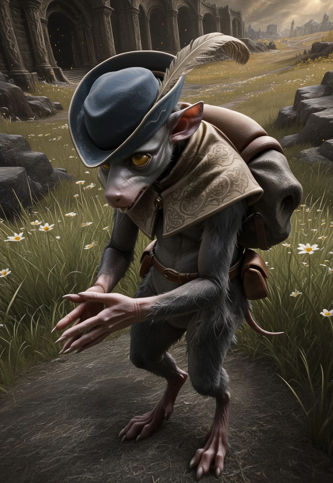 solo, 1boy, male focus, boc_eldenring, yellow sclera, yellow eyes, buck teeth, fang, pointy ears, body fur, grey fur, masterpiece, highres, ultra-detailed, absurdres, photorealistic, 3d, amazing quality, best quality, newest, blue hat, hat feather, capelet, full body, belt, pouch, bottomless, no penis, short tail, rat tail, looking up, looking to the side, head down, parted lips, frown, own hands together, elbow tuft, backpack, bag, standing, slouching, patterned clothes, finger claws, toe claws, digitigrade, sharp fingernails, from above, high-angle view,
BREAK
detailed background, scenery elden_ring, bloom, light particles, grass, flowers, atmospheric perspective, perfect lighting,