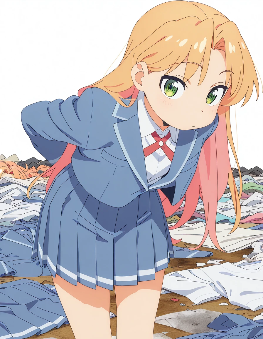 masterpiece, best quality, amazing quality,, <lora:ruri-tanigawa-alpha-illustriousxl-lora-nochekaiser:1>, ruri tanigawa, long hair, blonde hair, green eyes, pink hair, multicolored hair, orange hair, parted bangs, colored inner hair, anime screencap, shirt, skirt, long sleeves, jacket, white shirt, pleated skirt, collared shirt, red ribbon, blue skirt, neck ribbon, blue jacket, blazer, hands behind back, bent over,, messy room, clutter, clothes_on_floor, disorganization, laundry, cowboy shot, solo, looking at viewer, <lora:transparent-background-illustriousxl-lora-nochekaiser:1>, transparent background, simple background, white background