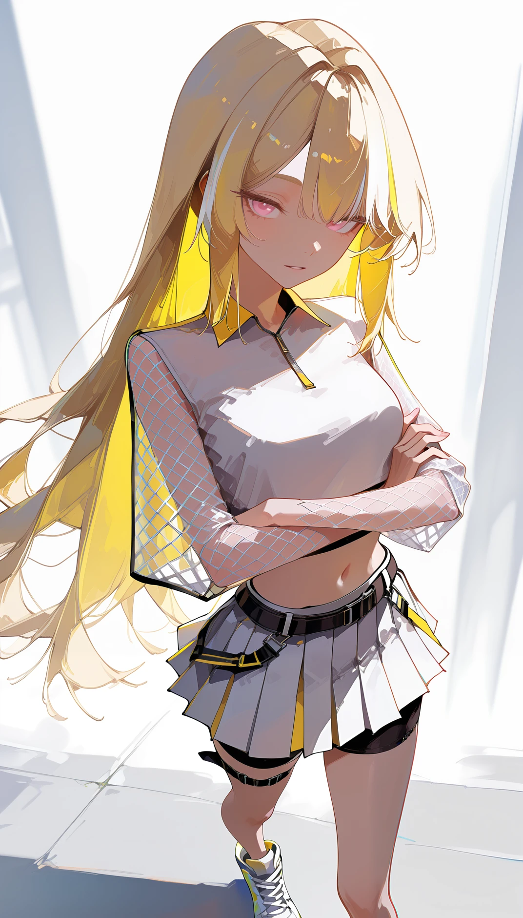 Flatline, Flat vector illustration, masterpiece, best quality, amazing quality, very aesthetic, absurdres,  newest, scenery,
, parted lips , Standing with arms crossed over , upper body, from above, , AeroStriker, 1girl,blonde hair, very long hair,multicolored hair,  white highlighted hair, pink eyes,white crop top, mesh sleeves,
tennis skirt, very short skirt, pleated mini skirt, white skirt, yellow accent, belt, sporty fashion,tight black shorts under skirt,white  high-top sneakers, white sneakers, yellow trim shoes, thigh straps, mesh clothing, midriff, exposed navel,
,
simple background,, animated, dynamic angle, close-up,portrait, fisheye lens, detailed face,colorful, close-up, masterpiece, best quality, amazing quality, very aesthetic, absurdres, newest, scenery, volumetric lighting