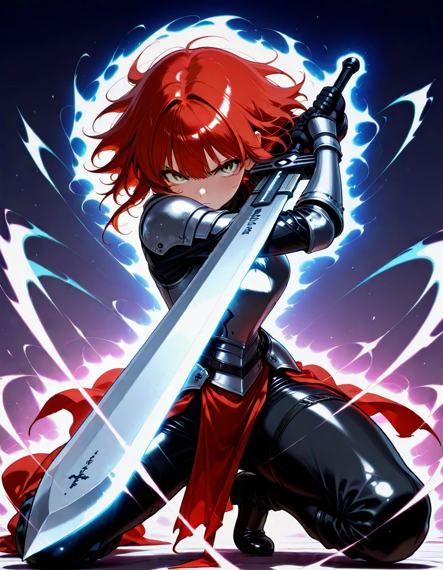 masterpiece, best_quality, very_aesthetic, highres, absurdres, ultra detailed,
<lora:negXL:0.5>
<lora:KIRAKIRA_IL_MIX_V04:1.3> kirakira, glowing,aura
1girl, fighting stance, holding weapon, holding buster sword,
Dark Red fringe hair
(Padded armor),An armor made of layers of cloth or leather