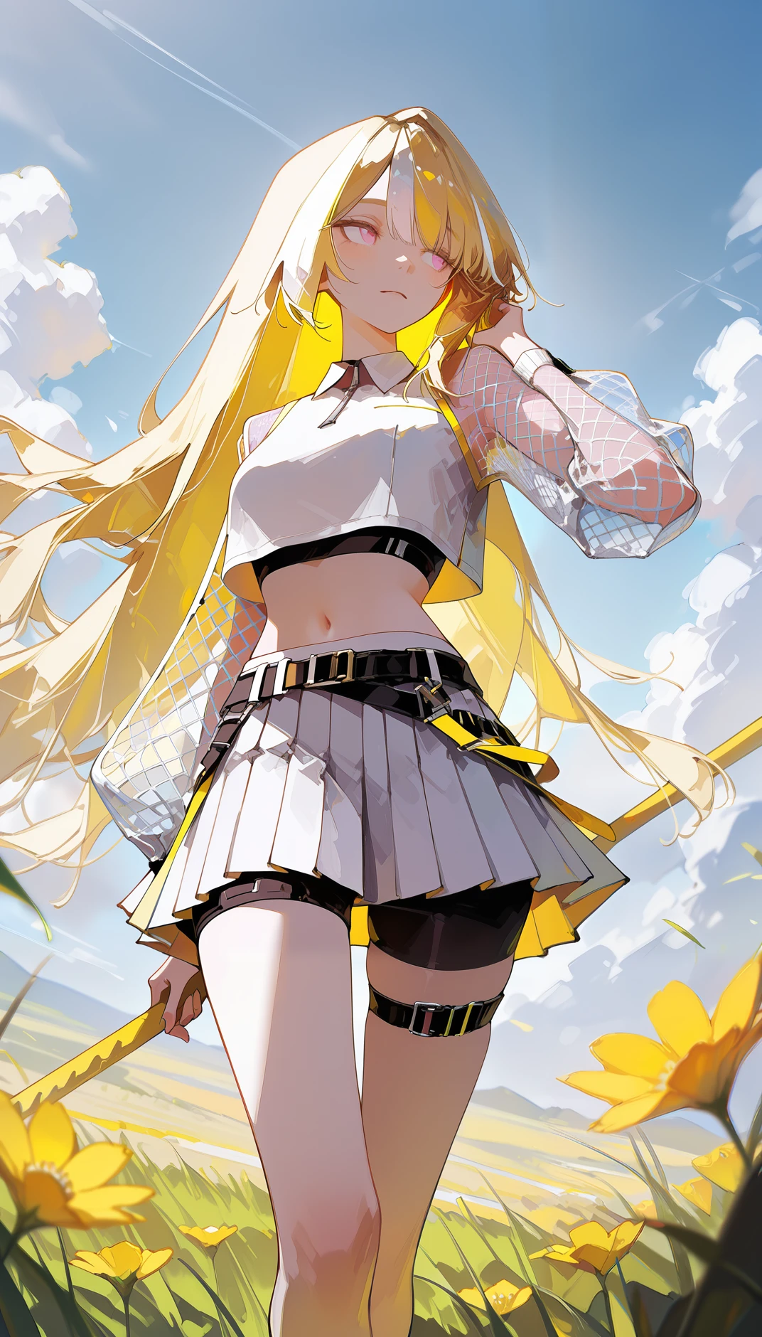 Flatline, Flat vector illustration, masterpiece, best quality, amazing quality, very aesthetic, absurdres, newest, scenery,
, shy, averting eyes, looking to the side , Dancing as if doing the chicken dance, upper body, from below, , AeroStriker, 1girl,blonde hair, very long hair,multicolored hair, white highlighted hair, pink eyes,white crop top, mesh sleeves,
tennis skirt, very short skirt, pleated mini skirt, white skirt, yellow accent, belt, sporty fashion,tight black shorts under skirt,white high-top sneakers, white sneakers, yellow trim shoes, thigh straps, mesh clothing, midriff, exposed navel,
,
yellow and white theme,
wide grasslands, wind sweeping through tall grass, vibrant wildflowers blooming, clear blue sky above, gentle sunlight, scattered fluffy clouds,, animated, dynamic angle, close-up,portrait, fisheye lens, detailed face,colorful, close-up, masterpiece, best quality, amazing quality, very aesthetic, absurdres, newest, scenery, volumetric lighting