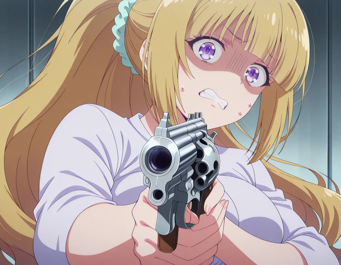 masterpiece, best quality, amazing quality,, <lora:kei-karuizawa-s2-illustriousxl-lora-nochekaiser:1>, kei karuizawa, long hair, bangs, blunt bangs, purple eyes, blonde hair, hair ornament, ponytail, scrunchie, blue scrunchie, mature female, medium breasts, anime screencap,, <lora:misa-guido-okay-narancia-illustriousxl-lora-nochekaiser:1>, misa guido okay narancia, solo, looking at viewer, holding, weapon, holding weapon, gun, parody, holding gun, handgun, aiming, nervous, teeth, shaded face, clenched teeth, revolver,, , ,