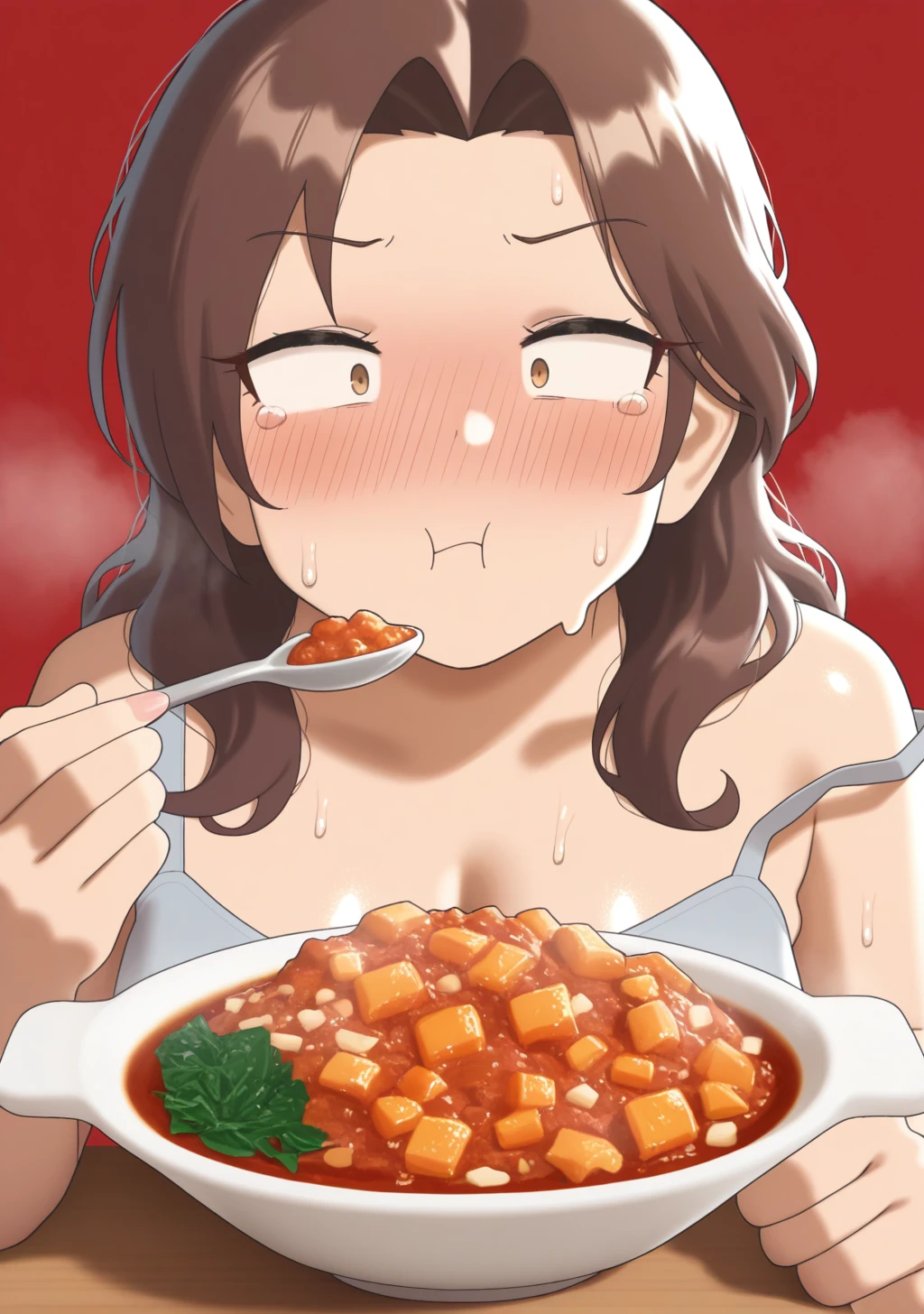 masterpiece, best quality, absurdres, perfect lighting,shiny skin,<lora:ryokuchamichi_illu2:0.8>,ryokucha michi,1girl,kawashima mizuki,brown hair,long hair,parted bangs,brown eyes, <lora:kawashima_mizuki_illu2:0.9>,casual,strap slip, BREAK sweat,blush,,skiny skin, oily skin,depth of field,simple background,chilli_pepper_background,red background,mapo tofu,steam,food, eating,holding spoon,desk,steam,pout,tears,full-face blush, chili pepper,constricted pupils