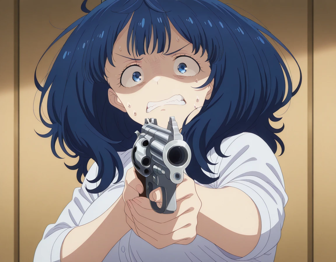 masterpiece, best quality, amazing quality,, <lora:anna-yanami-s1-illustriousxl-lora-nochekaiser:1>, anna yanami, yanami anna, medium hair, blue eyes, ahoge, blue hair, mature female, breasts, anime screencap, <lora:misa-guido-okay-narancia-illustriousxl-lora-nochekaiser:1>, misa guido okay narancia, solo, looking at viewer, holding, weapon, holding weapon, gun, parody, holding gun, handgun, aiming, nervous, teeth, shaded face, clenched teeth, revolver,, , ,