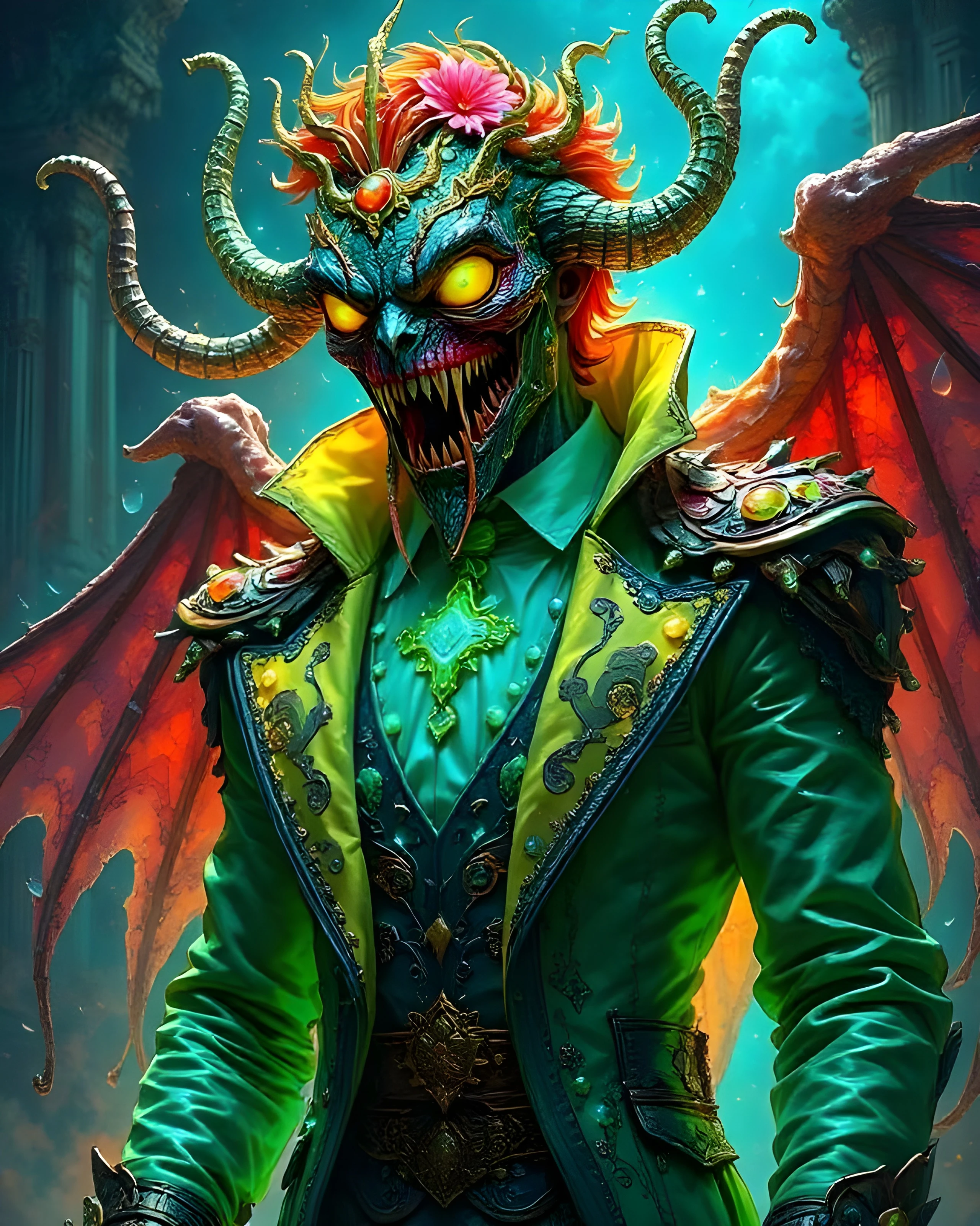 A fantastical character with vibrant orange hair adorned with a pink flower, sporting large, twisted horns. The character has a menacing, skeletal face with sharp teeth and glowing yellow eyes. Dressed in an ornate, multicolored suit featuring a bright green coat and intricate designs, the figure also has prominent red bat-like wings. The background is ethereal, with a mystical ambiance and soft, glowing light.