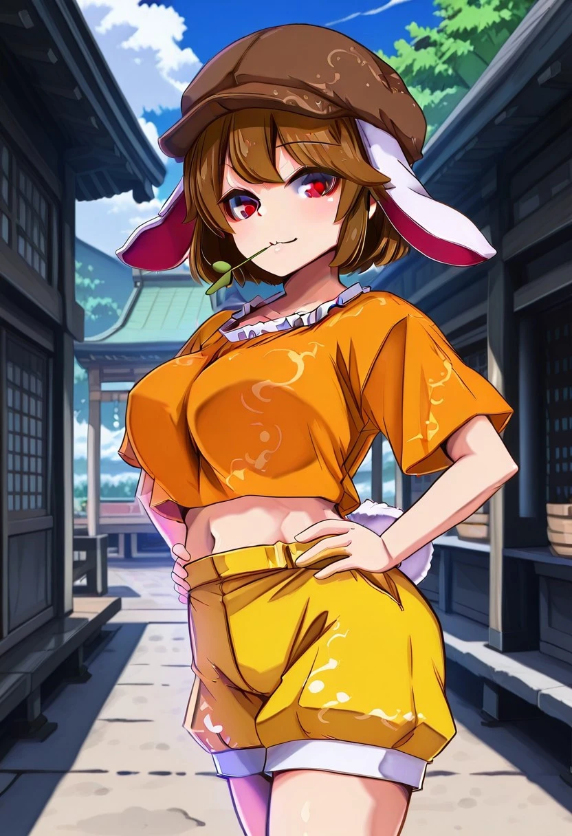 yukito style, ((Japanese village)), day time, ((large breasts)), looking at viewer, standing, posing, soft smile, ringo, 1girl, solo, red eyes, brown hair, short hair, rabbit ears, floppy ears, rabbit tail, brown hat, newsboy cap, orange shirt, arms on hips, short sleeves, midriff, yellow shorts, stalk in mouth