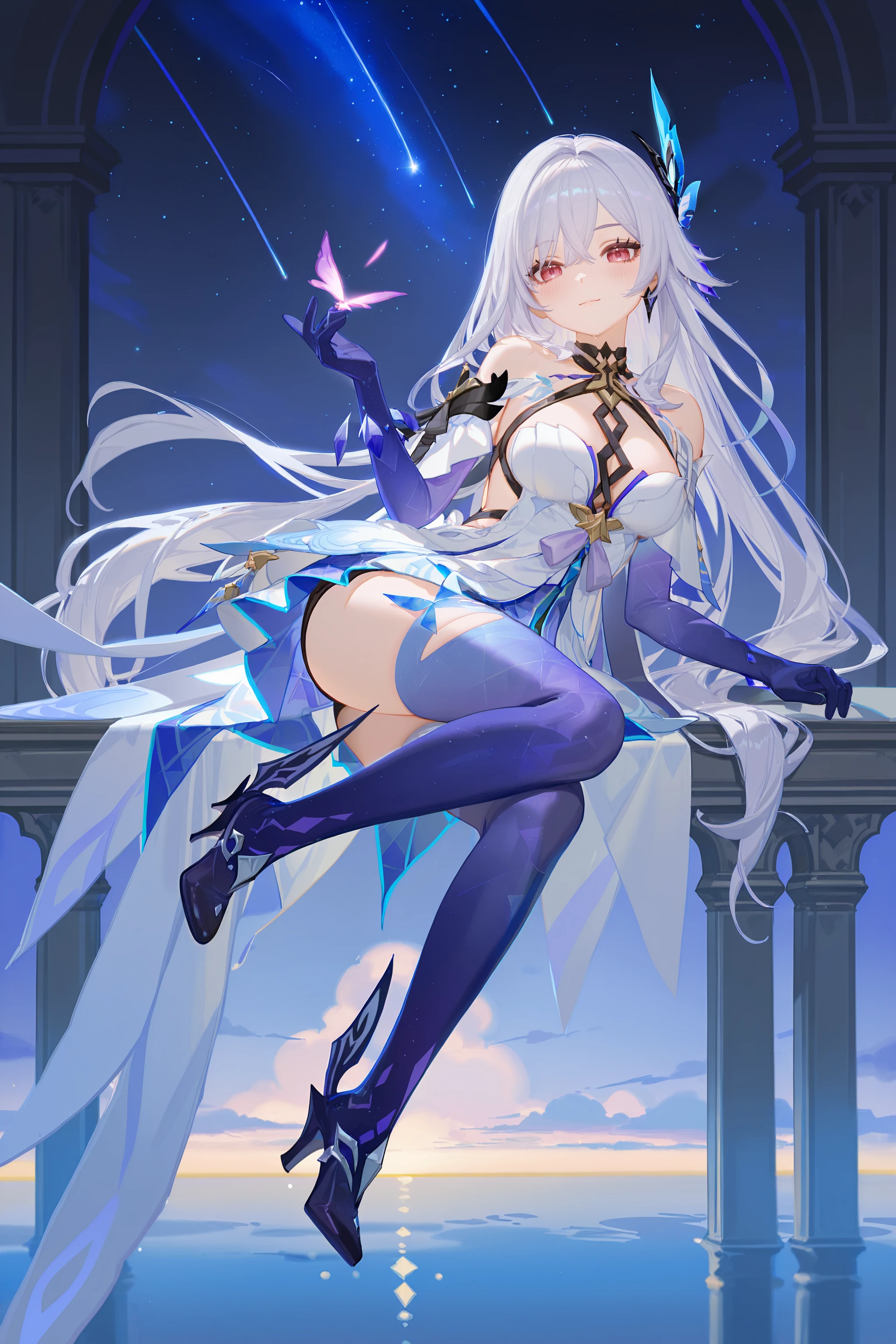 1girl, skirk \(genshin impact\), butterfly hair ornament, prosthetic leg, prosthetic arm, multicolored cape, winged high heels, white halter dress, arm cuffs, chest tattoo, looking at viewer, starry sky, shooting star, light smile, blush, embarrassed, full body, reclining <lora:Char-Genshin-Skirk-V2-IL:0.9>, ciloranko, alphonse \(white datura\), ask \(askzy\), gomzi, you shimizu
masterpiece, best quality, amazing quality, very aesthetic, absurdres, newest, (scenery, volumetric lighting)