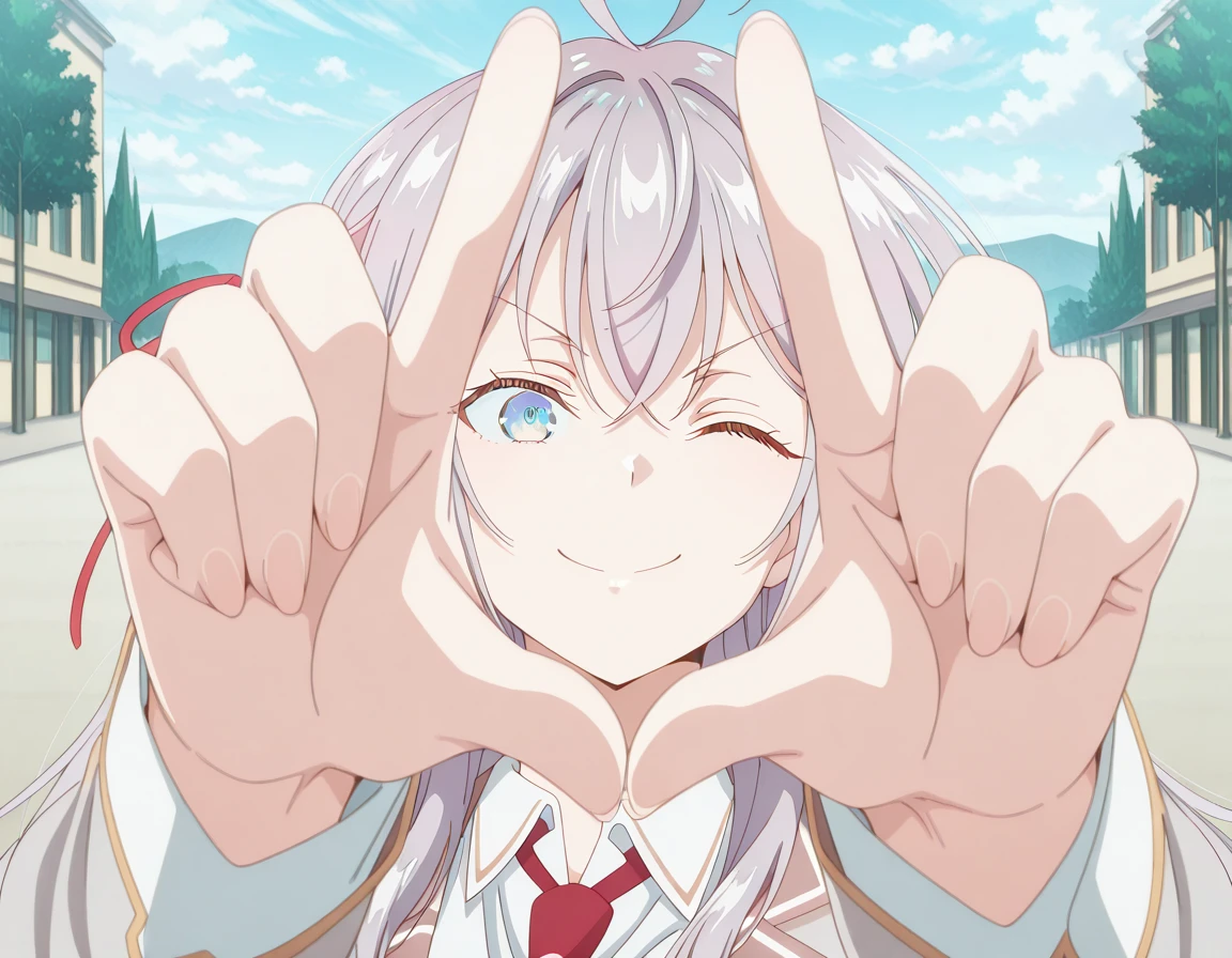 masterpiece, best quality, amazing quality,, <lora:alisa-mikhailovna-kujou-s1-illustriousxl-lora-nochekaiser:1>, alisa mikhailovna kujou, long hair, bangs, blue eyes, hair ribbon, ahoge, grey hair, red ribbon, mature female, breasts, anime screencap, <lora:yoshikage-kira-finger-frame-illustriousxl-lora-nochekaiser:1>, yoshikage kira finger frame, finger frame, hands up, outstretched arms, foreshortening, solo, looking at viewer, smile, upper body, outdoors, necktie, one eye closed, parody, meme,, , ,