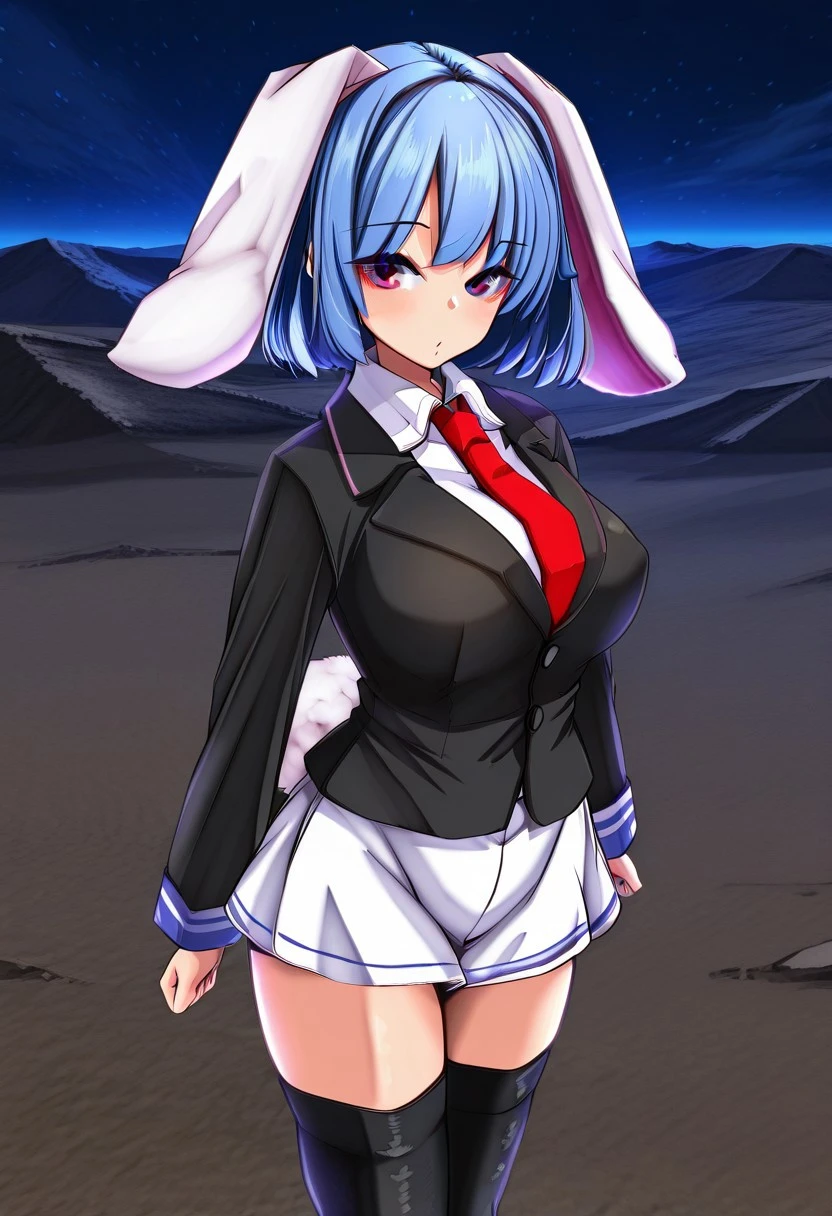 yukito style, ((wasteland)), ((night)), ((large breasts)), looking at viewer, standing, posing, neutral gaze, rei'sen, 1girl, solo, pink eyes, blue hair, short hair, rabbit ears, floppy ears, rabbit tail, red necktie, black jacket, long sleeves, white shirt, collared shirt, white skirt, black thighhighs