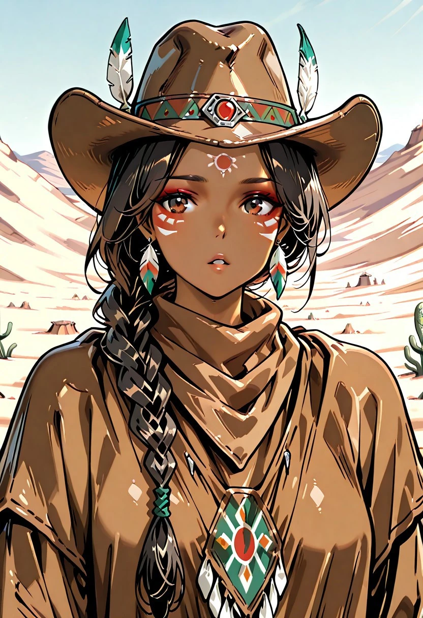 masterpiece, best quality, absurdres, very aesthetic, Mythr1lKN, 1girl, native american, solo, hat, braid, brown eyes, jewelry, earrings, looking at viewer, long hair, dark skin, desert, dark-skinned female, parted lips, black hair, feathers, cowboy hat, upper body, facial mark, hair over shoulder, outdoors, single braid, tribal, brown hair, facepaint