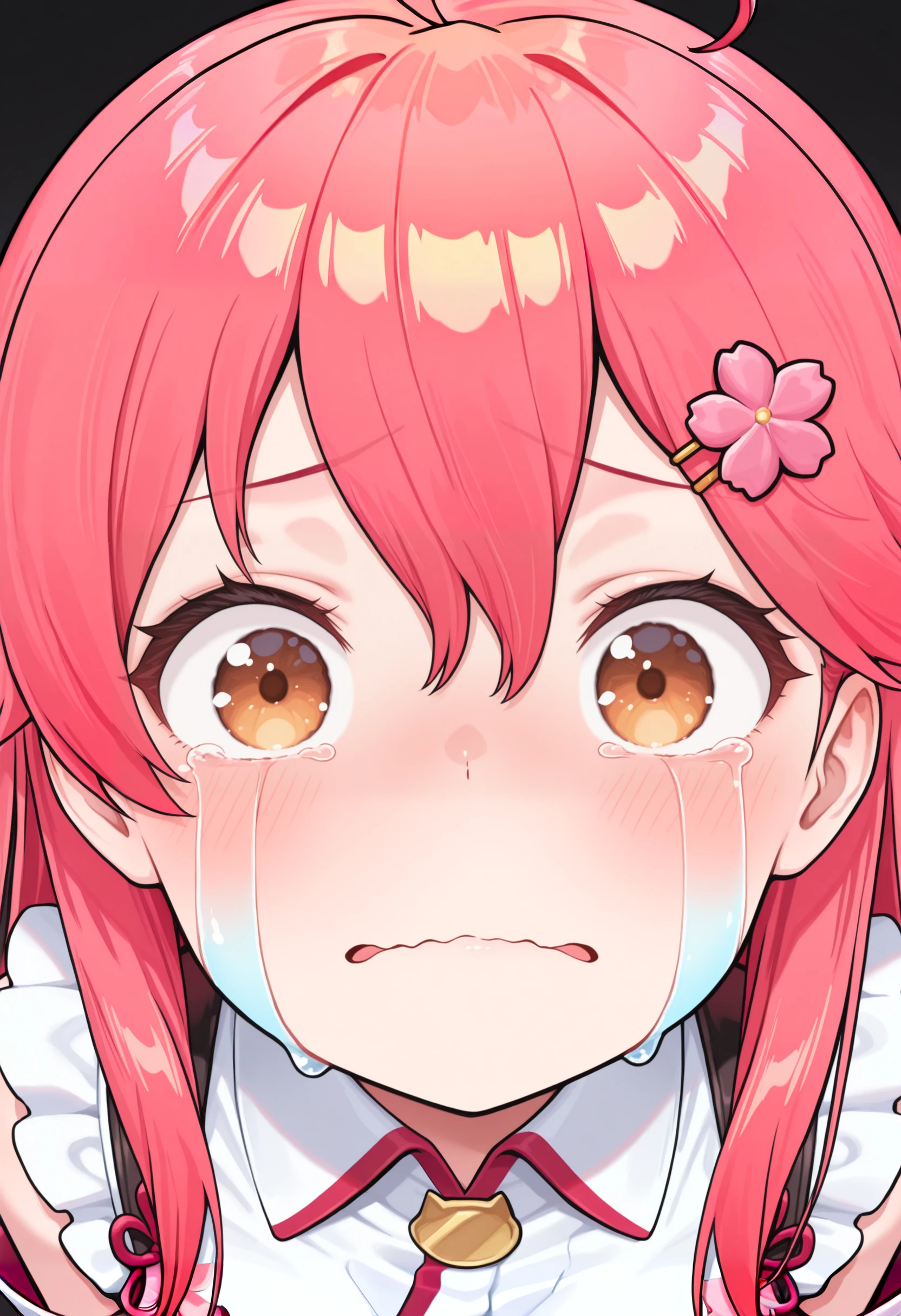 masterpiece, best quality, amazing quality, very aesthetic, high resolution, ultra-detailed, absurdres, solo, looking at viewer, streaming tears, (chibi:0.45), 1girl, sakura miko, hololive, <lora:StreamingTears:1>