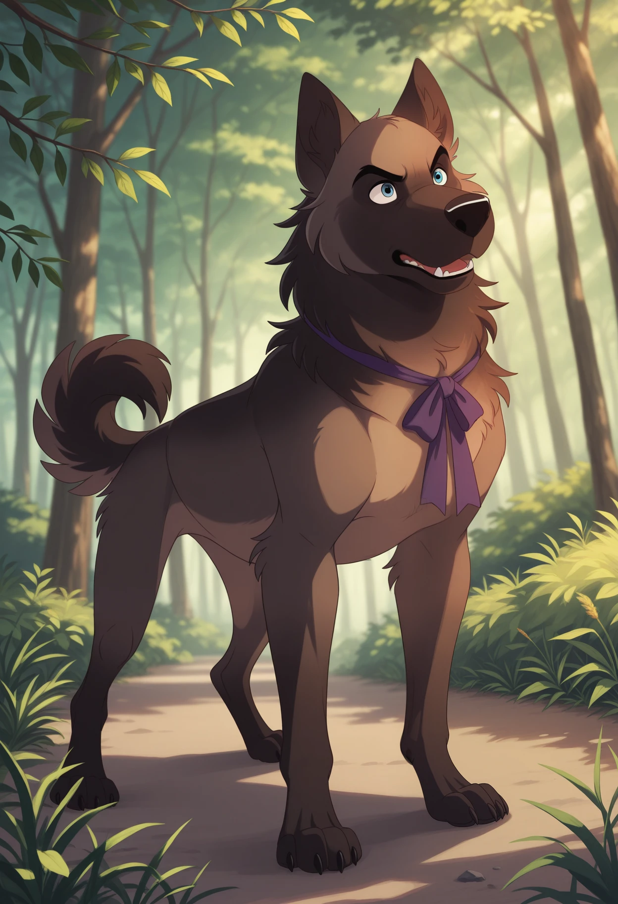 masterpiece,best quality,amazing quality, 1boy, solo, b4lt4z4r, dog, multicolored fur, blue eyes, purple neck ribbon, full body,