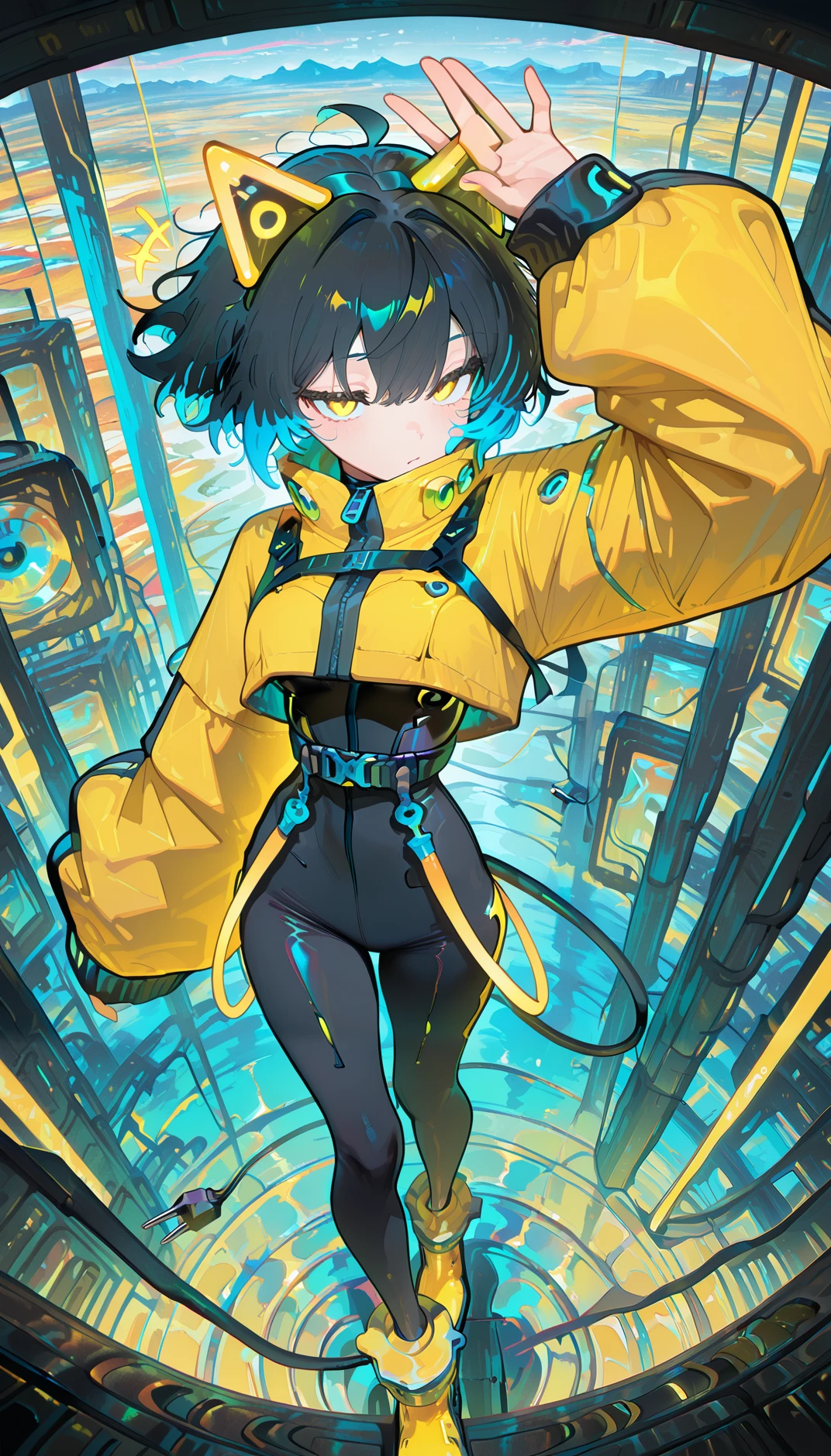 masterpiece, best quality, amazing quality, very aesthetic, absurdres, newest, scenery,
, +++, notice lines, !, Mimicking shooting an arrow, upper body, from above, electrocat, 1girl,
black hair, short hair,blue ahoge, multicolored hair, yellow highlights, blue highlights,
cat ears, cyber ears, glowing accents, yellow eyes,
yellow jacket, oversized sleeves, cropped jacket,
black , skin-tight, high-waist belt, utility straps, harness,
futuristic boots, yellow boots, black and yellow shoes, ankle cuffs,
electric plug tail,
dynamic poses, ,
simple background, , animated, dynamic angle, close-up,portrait, fisheye lens, detailed face,colorful, close-up, masterpiece, best quality, amazing quality, very aesthetic, absurdres, newest, scenery, volumetric lighting