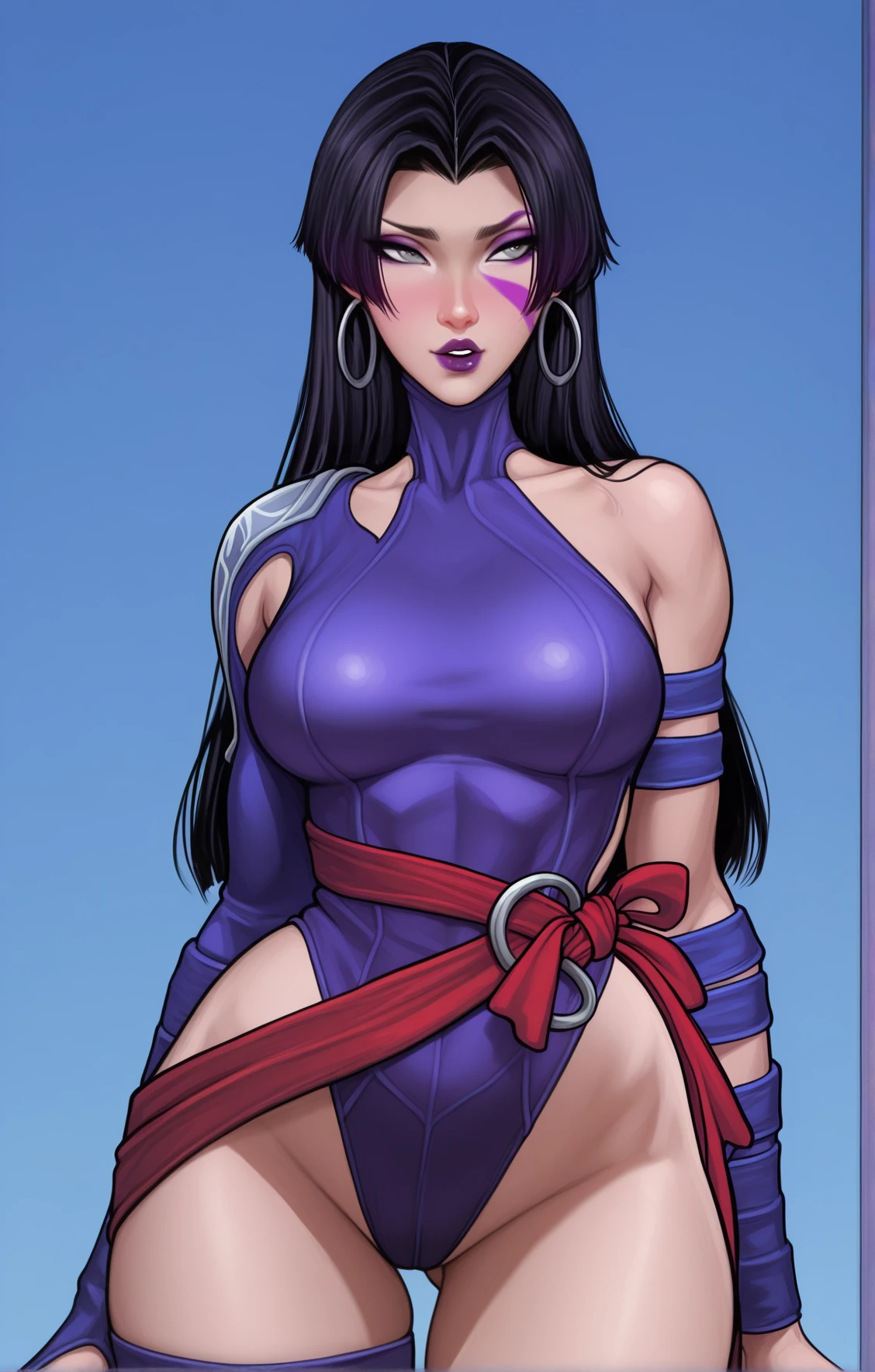 masterpiece, best quality, amazing quality, absurdres,
, , , , , hot, dynamic pose, <lora:psylocke2-e72_s1512:1> Psylocke, 1girl, gray eyes, purple face markings, purple lipstick, parted hair, long black hair,hoop earrings, purple leotard , long sleeve, single shoulder, red waistband, exposed legs, <lora:AromaSenseiIllus:1.2> ict style, nose, lips