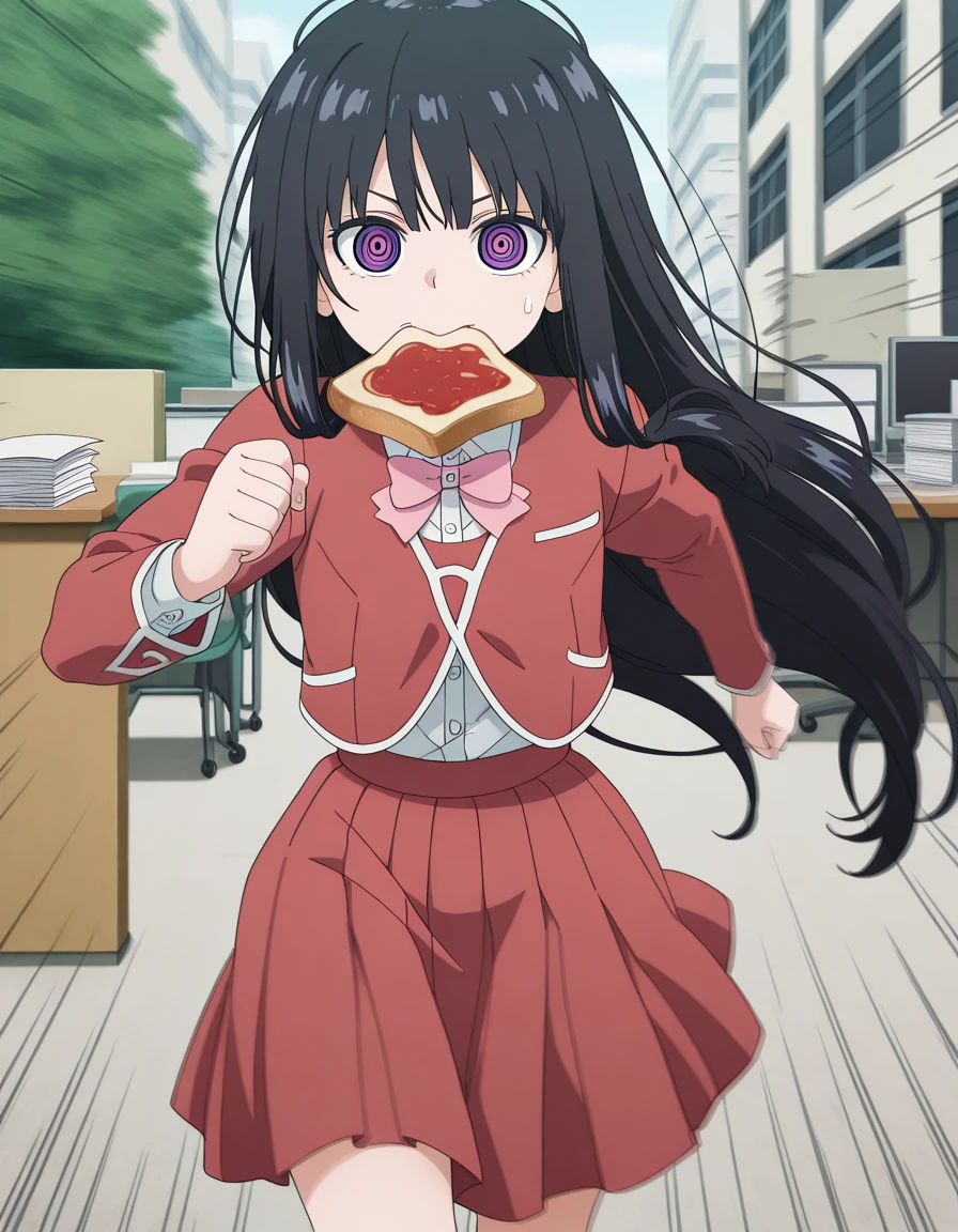 masterpiece, best quality, amazing quality,, <lora:oto-adashino-s1-illustriousxl-lora-nochekaiser:1>, oto adashino, long hair, bangs, black hair, very long hair, purple eyes, ringed eyes, anime screencap, skirt, shirt, long sleeves, bow, jacket, white shirt, bowtie, red skirt, pink bow, red jacket, pink bowtie,, <lora:food-in-mouth-running-illustriousxl-lora-nochekaiser:1>, food in mouth running, food in mouth, running, bread, bread slice, food, toast in mouth, toast, sweatdrop, motion lines, motion blur, outdoors, feet out of frame, straight-on, office, desks, chairs, computers, paperwork, cowboy shot, solo, looking at viewer,