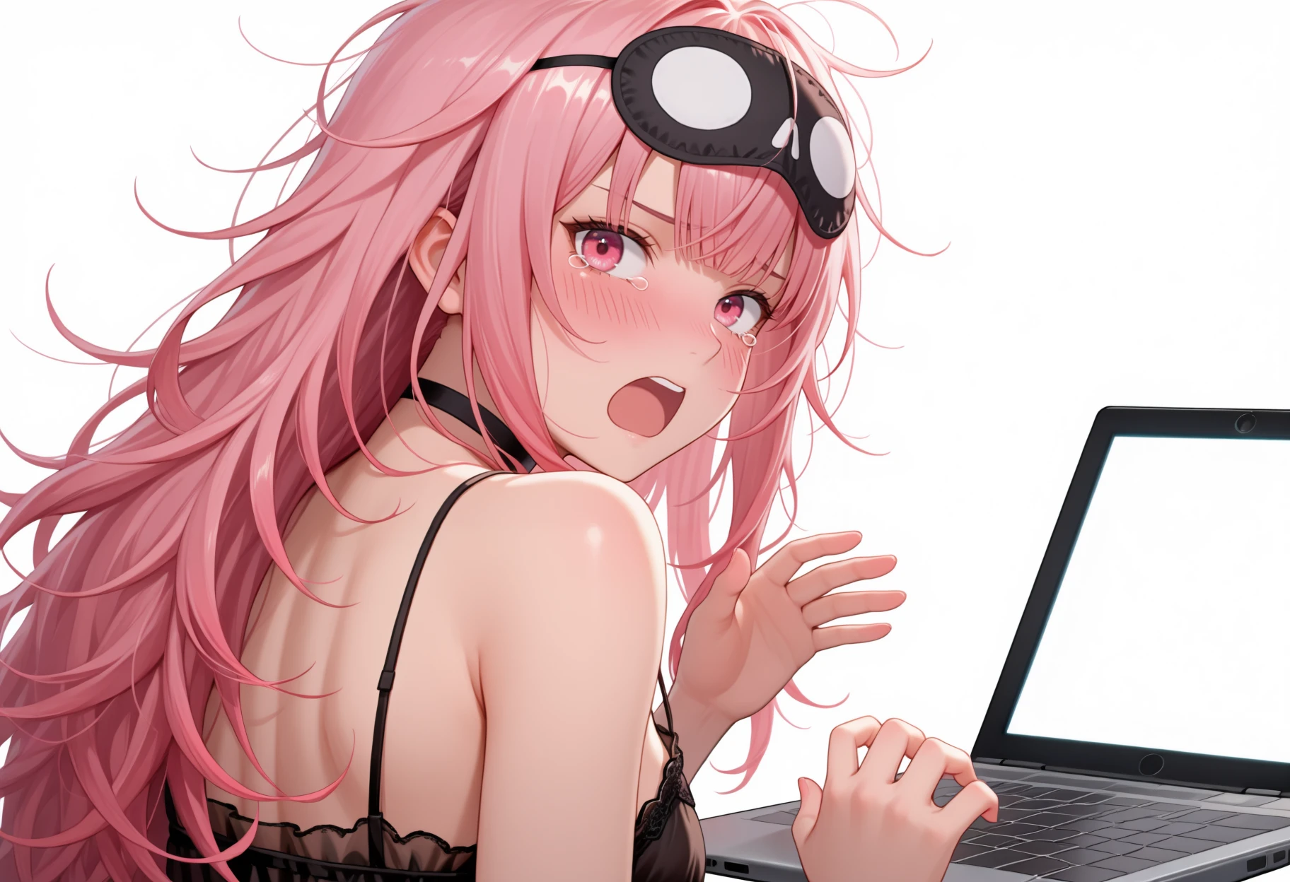 1girl, <lora:ChamCalliopeMoriNoob:1> M0riSlp, pink eyes, pink hair, long hair, messy hair, sleep mask, mask on head, black choker, black nightgown, red ribbon, blush, laptop, tearing up, upper body, looking at viewer, looking back, open mouth, hands up, white background, simple background, <lora:it's_all_fucking_lewds_memev3:1.2>