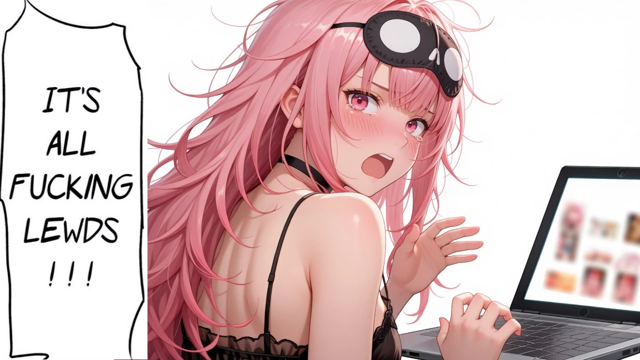 1girl, <lora:ChamCalliopeMoriNoob:1> M0riSlp, pink eyes, pink hair, long hair, messy hair, sleep mask, mask on head, black choker, black nightgown, red ribbon, blush, laptop, tearing up, upper body, looking at viewer, looking back, open mouth, hands up, white background, simple background, <lora:it's_all_fucking_lewds_memev3:1.2>