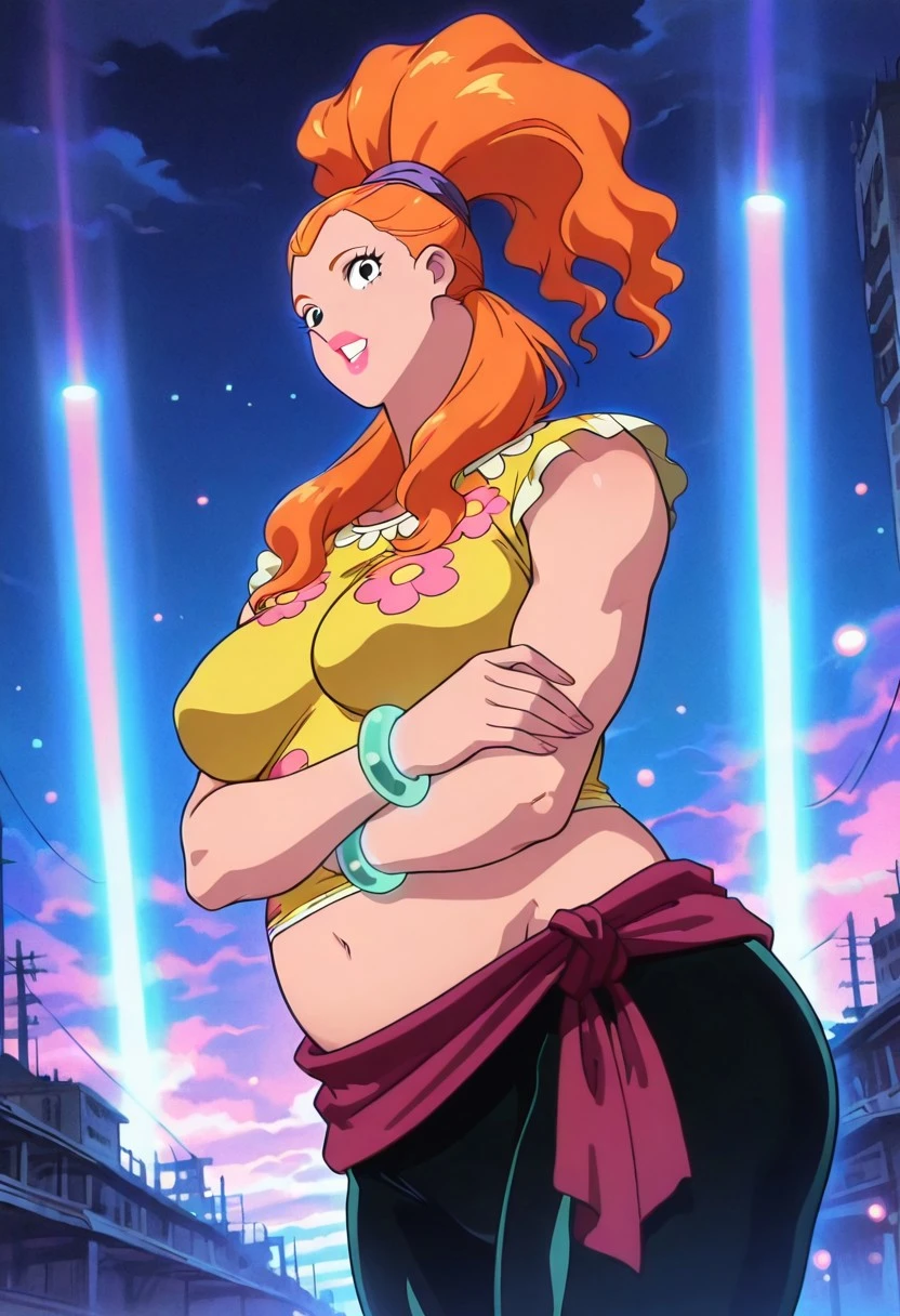 AuntOP, 1girl, solo, chubby, fat woman, orange hair, long hair, hairband, ponytail, hair ornament, black eyes, teeth, large face, lipstick, wide neck, large neck, large breast, short yellow top, flower patterns, black pants, maroon-colored sash, jade colored bracelet on her wrists, large belly, navel, groin, thick thighs, wide waist, sandals,
masterpiece, best quality, fine details, intricate details, depth of field, subsurface scattering, bokeh, ultra-detailed, very aesthetic, detailed background, newest, scenery, highres, absurdres, colorful, vibrant, glowing, perfect face, 2d, perfect eyes, vibrant saturated colors, volumetric lighting, sharp, detailed eyes, perfect anatomy, perfect face, perfect eyes, mature body, clear eyes, beautiful eyes, athletic, curvy body, athletic girl, perky tits, perfect tits, round breasts, pinup pose, teasing, lustful expression, perfect hands,
muscular female, dutch angle, dynamic pose,
,Smooth Negative, Smooth_Quality,
retro_celestial_scifi, retro artstyle