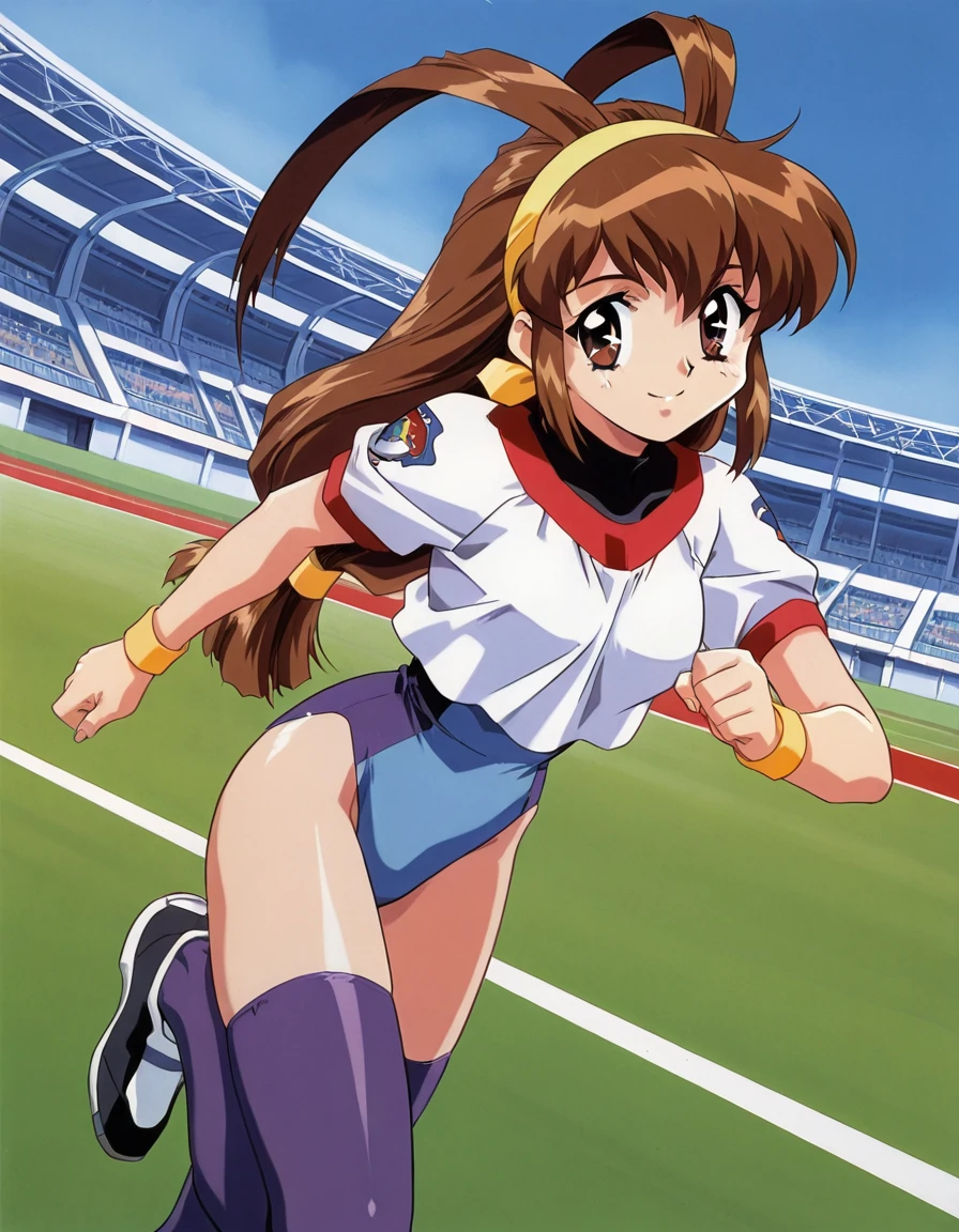<lora:Kanzaki_Akari:0.8>, KanzakiAkari, 1girl, soro, brown_hair, Yellow_hairband, brown_eyes, long_hair, antenna_hair, low-tied_long_hair, 1990s_(style), retro_artstyle, cowboy_Shot, sky, outdoor, smile,
athletic bloomers, darkblue bloomers,ãtrack and field
masterpiece, high quality, very_high_resolution, large_filesize, full color,