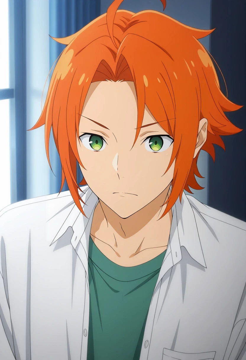 masterpiece, best quality, amazing quality, very aesthetic, high resolution, ultra-detailed, absurdres, newest, colorful, highest detailed, very awa, , anime screencap, anime coloring, ,, 1boy, solo, male focus, <lora:kouichi_shindou_ilxl:0.92>, kouichi_shindou, orange hair, green eyes, ahoge, short hair, bangs, parted bangs, white shirt, collared shirt, green shirt,