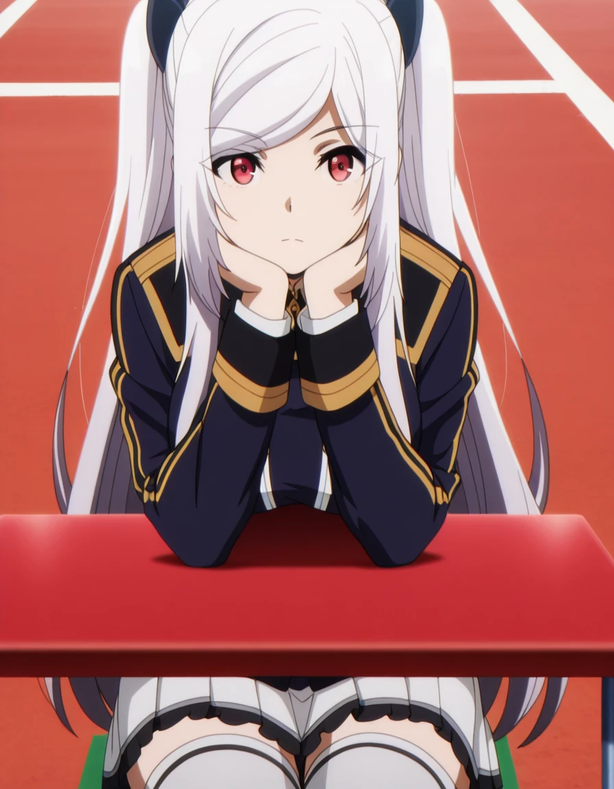 masterpiece, best quality, amazing quality,, <lora:alexia-midgar-s1-illustriousxl-lora-nochekaiser:1>, alexia midgar, long hair, very long hair, hair ribbon, white hair, red eyes, sidelocks, ribbon, mature female, medium breasts, anime screencap, skirt, thighhighs, long sleeves,pleated skirt, boots, miniskirt, black footwear, white thighhighs, zettai ryouiki, white skirt,, sitting, head rest, table,, running track, lanes, red, exercise, race, cowboy shot, solo, looking at viewer,