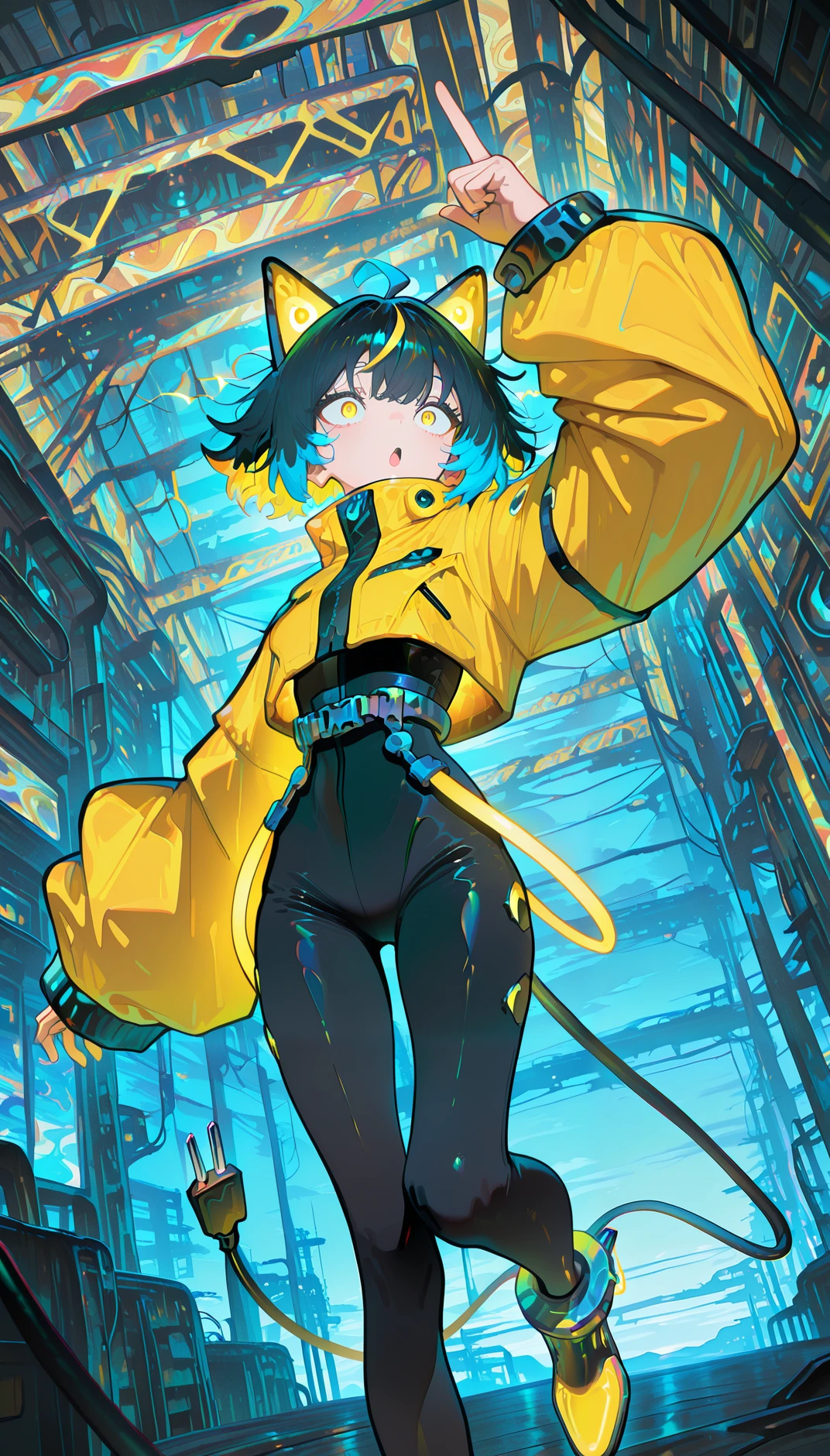 masterpiece, best quality, amazing quality, very aesthetic, absurdres,  newest, scenery,
, constricted pupils, wide-eyed, surprised, Jumping with one arm pointing upwards, upper body, from below, , electrocat, 1girl, 
black hair, short hair,blue ahoge,  multicolored hair, yellow highlights, blue highlights, 
cat ears, cyber ears, glowing accents, yellow eyes,
yellow jacket, oversized sleeves, cropped jacket,
black , skin-tight, high-waist belt, utility straps, harness,
futuristic boots, yellow boots, black and yellow shoes, ankle cuffs,
electric plug tail, 
dynamic poses, ,
simple background, , animated, dynamic angle, close-up,portrait, fisheye lens, detailed face,colorful, close-up, masterpiece, best quality, amazing quality, very aesthetic, absurdres, newest, scenery, volumetric lighting