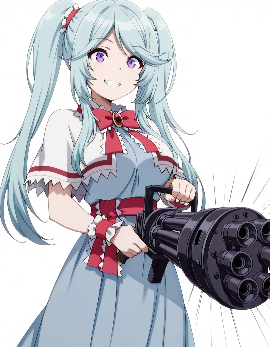 masterpiece, best quality, amazing quality,, <lora:shadow-epsilon-s1-illustriousxl-lora-nochekaiser:1>, epsilon, long hair, twintails, blue hair, purple eyes, sidelocks, mature female, medium breasts, anime screencap, <lora:alice-margatroid-cosplay-illustriousxl-lora-nochekaiser:1>, alice margatroid cosplay, alice margatroid (cosplay), blue dress, bow, bowtie, red bowtie, brooch, capelet, dress, jewelry, red sash, sash, white capelet, wrist cuffs, frilled skirt, frills, frilled capelet, frilled sash, frilled ribbon,, <lora:gatling-gun-illustriousxl-lora-nochekaiser:1>, gatling gun, gun, holding, holding gun, holding weapon, minigun, solo, grin, teeth, cowboy shot, simple background, speed lines,, , <lora:transparent-background-illustriousxl-lora-nochekaiser:1>, transparent background, simple background, white background