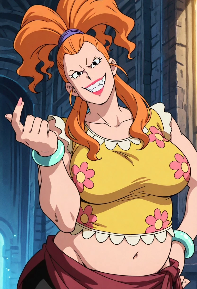 AuntOP, 1girl, solo, chubby, fat woman, orange hair, long hair, hairband, ponytail, hair ornament, black eyes, teeth, large face, lipstick, wide neck, large neck, large breast, short yellow top, flower patterns, black pants, maroon-colored sash, jade colored bracelet on her wrists, large belly, navel, groin, thick thighs, wide waist, sandals,
masterpiece, best quality, fine details, intricate details, depth of field, subsurface scattering, bokeh, ultra-detailed, very aesthetic, detailed background, newest, scenery, highres, absurdres, colorful, vibrant, glowing, perfect face, 2d, perfect eyes, vibrant saturated colors, volumetric lighting, sharp, detailed eyes, perfect anatomy, perfect face, perfect eyes, mature body, clear eyes, beautiful eyes, athletic, curvy body, athletic girl, perky tits, perfect tits, round breasts, pinup pose, teasing, lustful expression, perfect hands,
muscular female, dutch angle, dynamic pose,
upper body, standing, contrapposto, hand on hip, beckoning, come hither, hand up, head tilt, chin up, taunting, glowing eyes, facing viewer, looking at viewer, glaring at viewer, arrogant, devilish, evil grin,
,Smooth Negative, Smooth_Quality,
dark_fantasy_style, dark fantasy, retro,