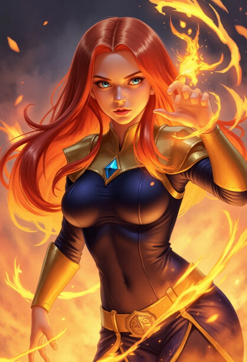 landscapeA powerful anime-style fire sorceress with long, flowing, fiery red-orange hair that blazes like a living flame, standing confidently as fire swirls around her. Her piercing blue eyes glow with intensity and determination, framed by fierce brows and a focused expression. She wears a stylized dark blue and gold armored bodice, adorned with an ornate diamond-shaped jewel at the collar, giving her a noble, magical appearance. Fiery embers spiral upward from her fingertips as she channels elemental fire magic, flames dancing around her arms and shoulders.
Her outfit blends elegance and battle-readiness, with metallic accents and a form-fitting silhouette reminiscent of fantasy RPG heroines. The lighting is warm and dramatic, with glowing highlights from the surrounding fire illuminating her fierce expression and casting dynamic shadows. The background is softly blurred with sparks and heat waves, emphasizing the intensity of her magical aura. Rendered in vibrant, expressive Niji style with smooth anime linework, bright cel shading, and energetic, fluid flame effects. screencap anime