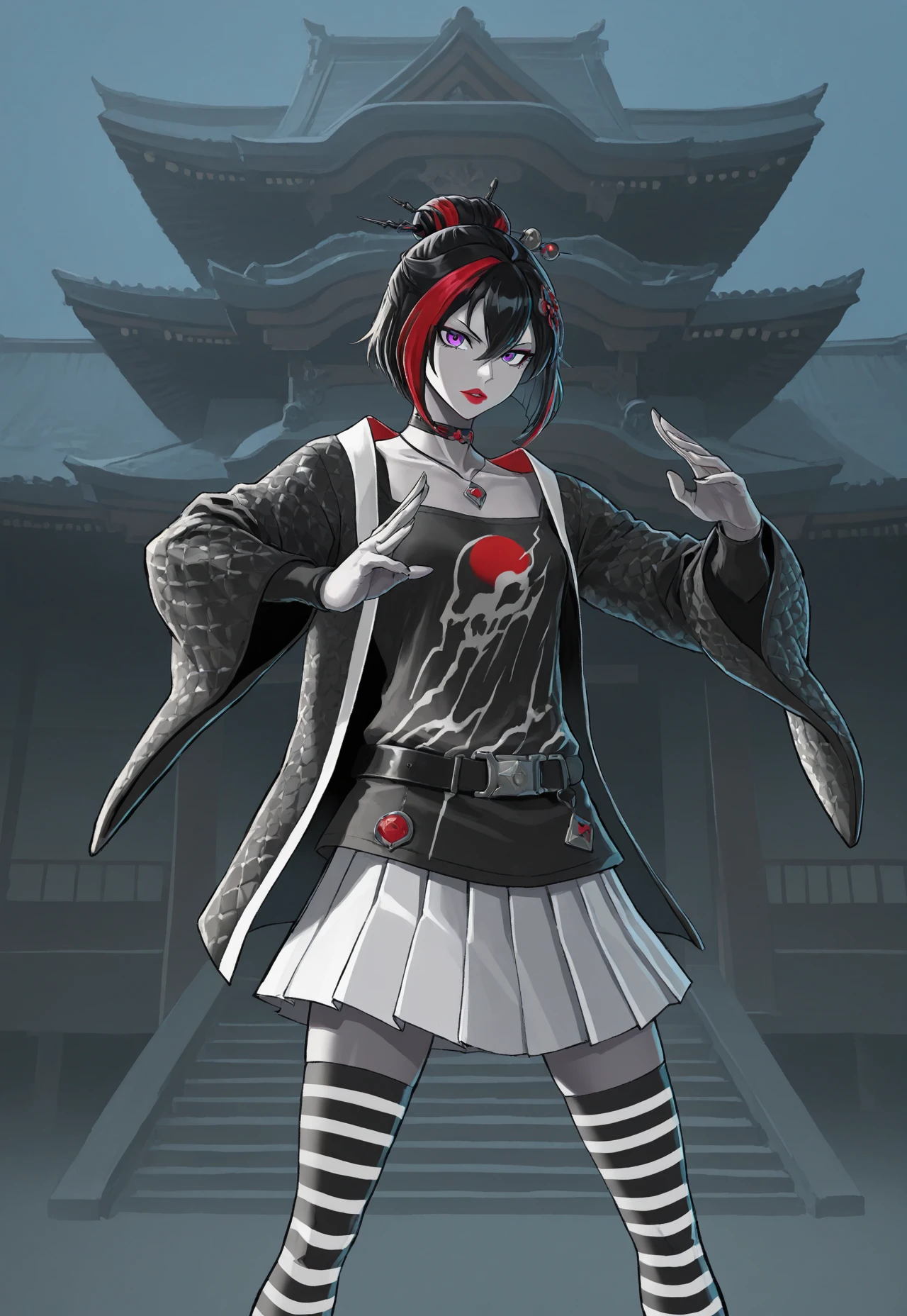 looking at viewer, standing, holds two katanas, sassy expression, Japanese architecture, fighting stance,
MiyakoF, 1girl, solo, grey skin, multicolored hair, streaked hair, red hair, black hair, short hair, hair ornament, hair bun, purple eyes, red lips, choker, necklace, jacket, long sleeves, shirt, belt, pleated white skirt, striped thighhighs,
absurdres, newest, masterpiece, best quality, very aesthetic, MythAn1m3,