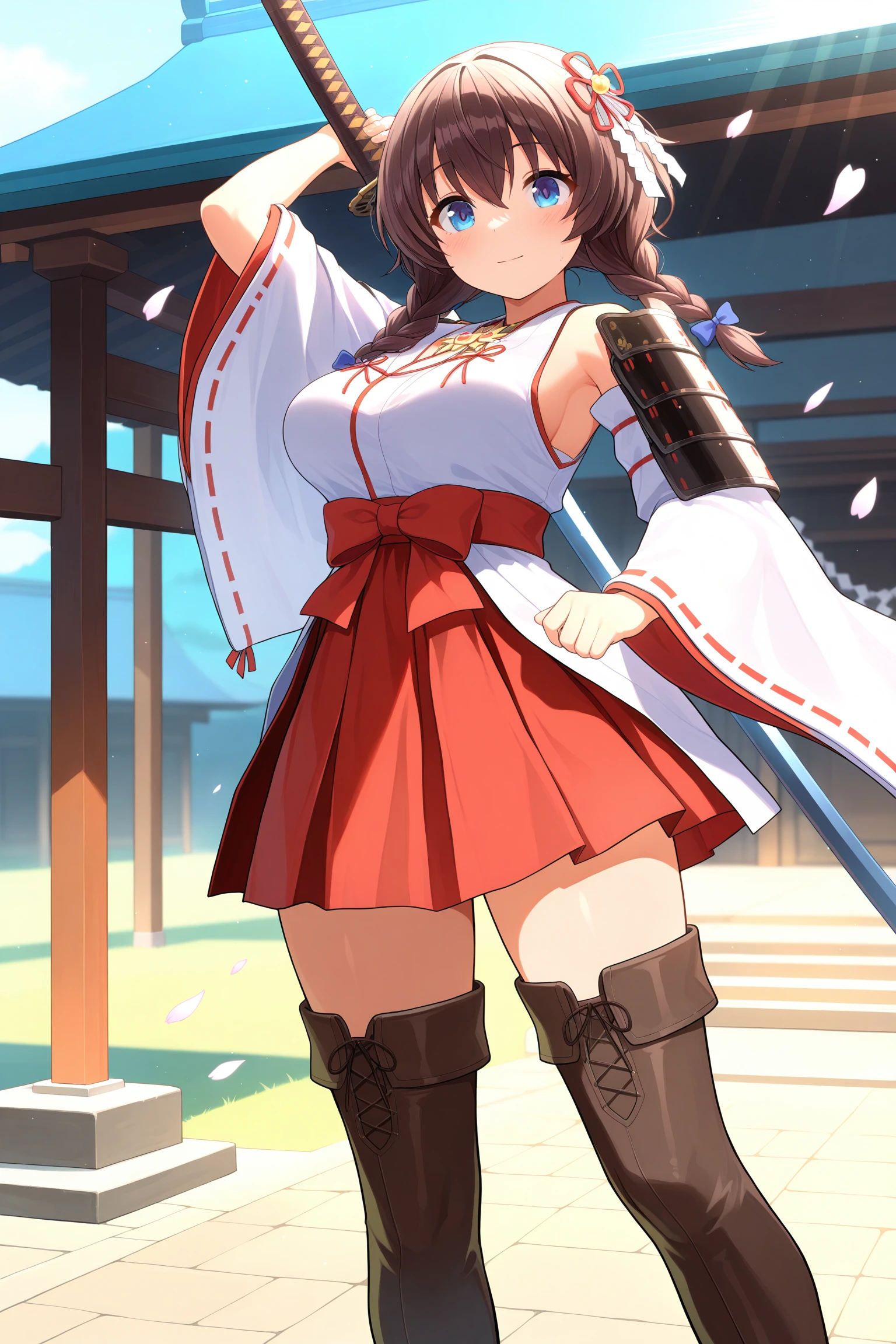 performing sword dance, floating petals, elegant motion, shrine courtyard, sunlight filtering through trees, sleeve fluttering, traditional beauty, best quality, amazing quality, newest,detailed face, beautiful eye,1girl, ,<lora:riccaV2.0Dim16alpha4_illustrious:0.9>,ricca_main ,blue eyes ,,brown hair,hair between eyes,hair pulled forward,blue_hair_bow,,twin braids,ricca_miko,hair ornament,japanese armor,japanese clothes,nontraditional miko,shoulder armor ,wide sleeves,ribbon-trimmed sleeves,red skirt,thigh boots,brown footwear,katana,holding katana,two-handed, brooch, flower brooch,chest brooch,, masterpiece, best quality, amazing quality, newest,detailed face, beautiful eye