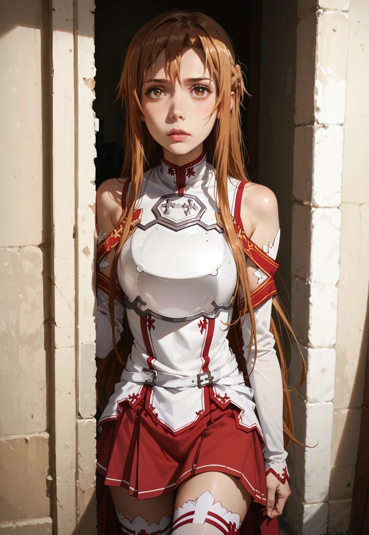 score_9, score_8_up, score_7_up, score_6_up, score_5_up, score_4_up, 1girl, slim, fit, beautiful eyes, Asuna Yuuki (/Sword Art Online)/,(ultra HD quality details), brown hair, long hair, (brown eyes), armor, breastplate, bare shoulders, detached sleeves, skirt, red skirt, thighhighs, white thighhighs, mouth opened, hiding, focusing on colorful beetle
