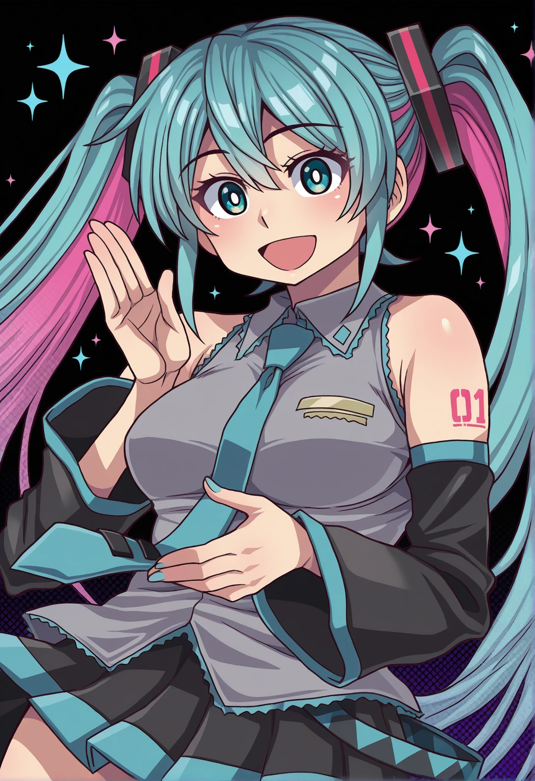 <lora:MCNsVFutanarunNL:1> MCNsVFtnrn,hatsune miku,  aqua eyes, aqua hair, aqua necktie,  shoulders, black skirt, black sleeves, , bright pupils, collared shirt, eyelashes, grey shirt, hair between eyes, halftone, black background, lightning bolt symbol, long hair, looking at viewer, miniskirt, multicolored hair, narrow waist, necktie, neon palette, number tattoo, open mouth, pink hair, pleated skirt, shirt, shoulder tattoo, sidelocks, skirt, sleeveless, sleeveless shirt, smile, solo, sparkle, tattoo, twintails, two-tone hair, very long hair, white pupils, wide sleeves,masterpiece,best quality,amazing quality