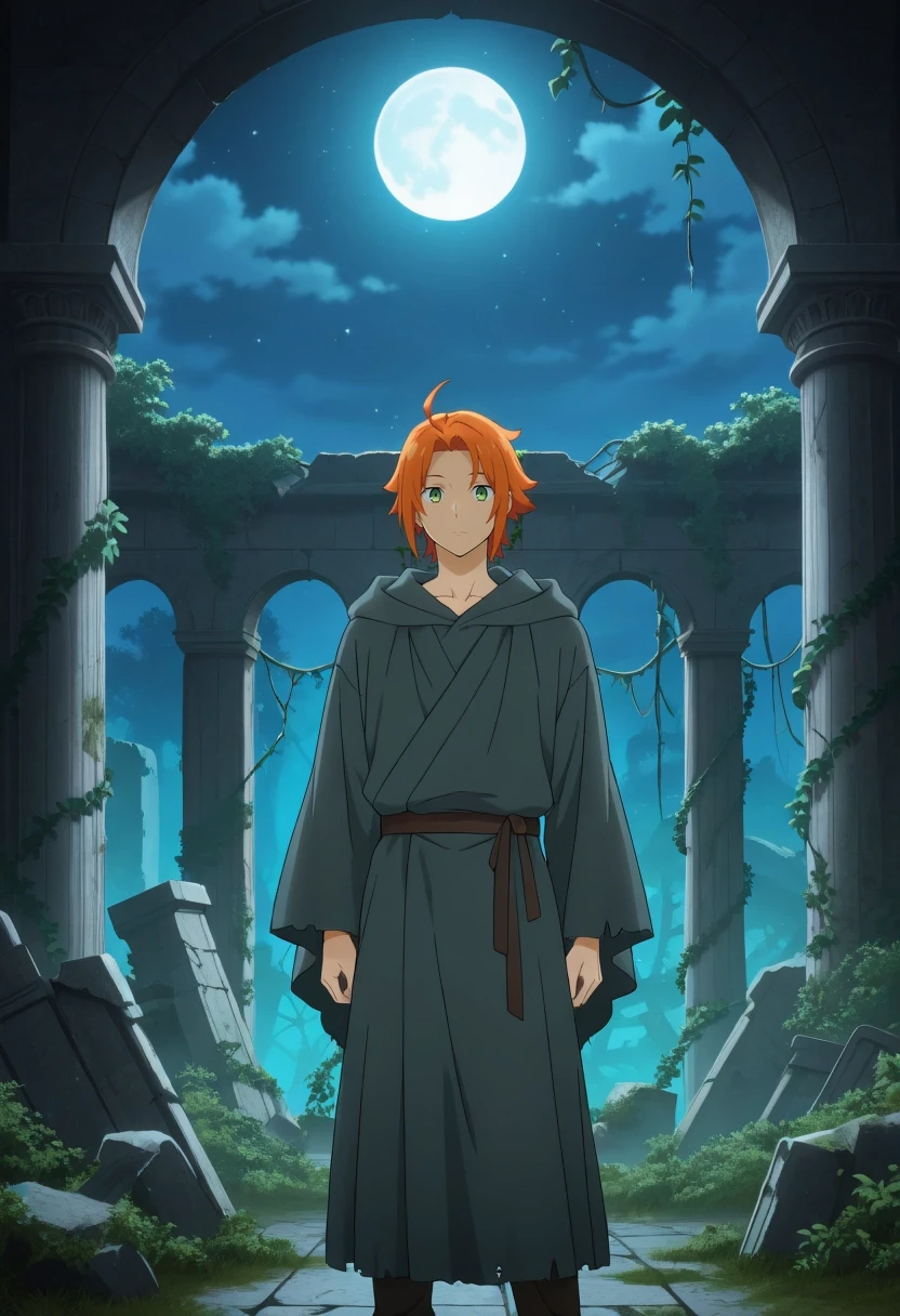 masterpiece, best quality, amazing quality, very aesthetic, high resolution, ultra-detailed, absurdres, newest, colorful, highest detailed, very awa, , anime screencap, anime coloring, official style, looking at viewer, 1boy, solo, male focus, <lora:kouichi_shindou_ilxl:0.9>, kouichi_shindou, orange hair, green eyes, ahoge, short hair, bangs, parted bangs, , standing, thoughtful expression, ancient ruins, tattered robes, moonlight, wide shot, volumetric lighting, crumbling stone, overgrown vines, distant stars, windblown fabric, serene, mystical, detailed ruins, sharp focus, vibrant moon, clear night