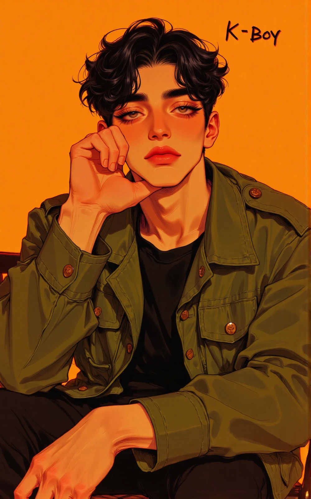 "solo, looking at viewer, short hair, shirt, black hair, 1boy, sitting, jacket, upper body, male focus, lips, head tilt, black shirt, yellow background, realistic, bench, The image depicts a young individual with curly hair, wearing a green military-style jacket. The background is a solid bright orange color, creating a vivid contrast with the subject. The person's expression is neutral, and they are looking slightly upwards. The lighting highlights the contours of the face and the texture of the jacket, giving the image a warm and dynamic feel." (The overall style is reminiscent of pop art, with its use of bold colors and simplified forms. The image has a modern, graphic quality),
beautiful open pose, demonstrates beauty, model pose, posing, foreshortening, extreme perspective, painting \(medium\) Improved light, background and more details. Less anatomical aberrations. sketch, Style, Beautiful manhwa, Expressiveh, neon
with a text in the upper right corner that reads "K-BOY".
volumetric lighting, brutalism. Framed at 270mm with a shallow depth of field. masterpiece, 4k, hd, amazing quality, best quality, high resolution, newest, very aesthetic, ultra-detailed, absurdres, perfect lighting, volumetric lighting, (dark lighting), shadowing, (good shadowing), depth of field, scenery, amazing aesthetics, cinematic lighting, cinematic, shading, (good shading), counter_shading, long contrasting eyelashes, thick contrasting eyebrows, drawn pupils, simple background, sketch, illust, depth of field, (clear focus on the face, accent on the face, clearly drawn lines on the face, high detail of the eyes, lips and nose, contrast at the edges, aberration effect, sharpening, tone correction, semitones), (dynamic pose:1.5), (perfect anatomy:1.5),
art, colored pencil, sketch, painting, paper texture, long contrasting eyelashes, thick contrasting eyebrows, lowered eyelashes