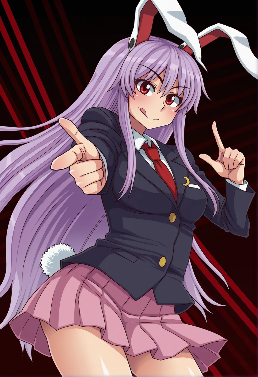 <lora:MCNsVFutanarunNL:1> MCNsVFtnrn,1girl, reisen udongein inaba, pointing at viewer,finger gun, danmaku, animal ears, solo, rabbit ears, long hair, skirt, necktie, tongue, one eye closed, tongue out, jacket, finger gun, crescent, shirt, red necktie, blazer, crescent pin, purple hair, rabbit girl, red eyes, collared shirt, pleated skirt, looking at viewer, smile, cowboy shot, white shirt, long sleeves, tail, very long hair, rabbit tail, ;q, pointing, black jacket, blush, buttons, closed mouth, , striped background,black background,,masterpiece,best quality,amazing quality