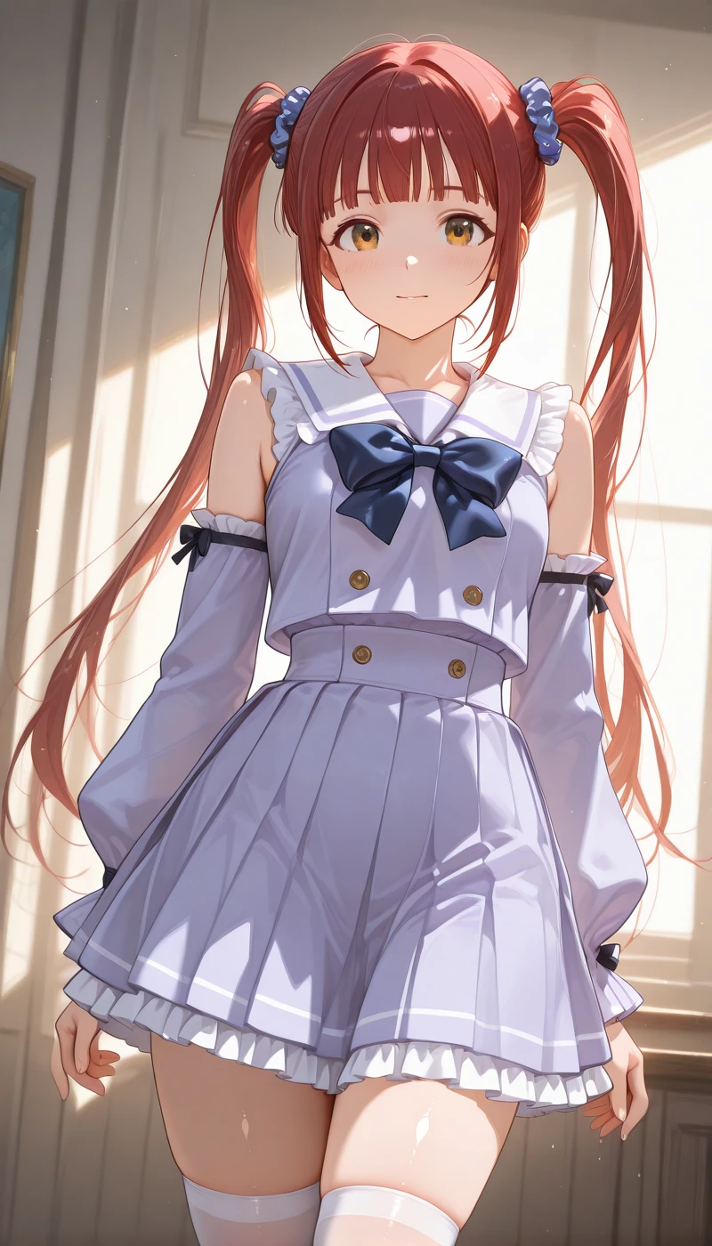 <lora:LCMTurboMix_Euler_A_fix:1> <lora:example_SDXL:0.3>, EZRealPONYXL, <lora:Dramatic Lighting Slider:3>
DSLR,realistic,cosplay photo, (very awa,masterpiece,best quality,year 2024,newest,absurdres,highres:1), realistic,skin texture,facial features, photography shot with Canon EOS 5D Mark IV , realistic, RAW, best quality, masterpiece, amazing quality, skin details,
1girl, highly detailed beautiful face, natural breasts,
detailed background, shiny skin, dutch angle,
beautiful detailed eyes, intricate details, absurdres, anime screencap,
<lora:MatsudaArisa_IdolMaster_ILXL_kill0825:1>
IMMatsuArisa, long hair, breasts, very long hair, twintails, brown eyes, yellow eyes, sidelocks, red hair, blunt bangs, orange eyes, small breasts, medium breasts, hair bobbles,
shirt, skirt, long sleeves, hair ornament, thighhighs, bow, ribbon, bare shoulders, vschool uniform, collarbone, pleated skirt, frills, detached sleeves, sleeveless, serafuku, puffy sleeves, bowtie, sailor collar, miniskirt, white thighhighs, blue skirt, zettai ryouiki, sleeveless shirt, black bow, buttons, blue bow, blue shirt, scrunchie, frilled skirt, frilled sleeves, white sleeves, hair scrunchie, white sailor collar, frilled shirt collar, high-waist skirt, light purple skirt, black bowtie, blue bowtie, light purple shirt, double-breasted, sailor shirt, frilled shirt, blue scrunchie, black scrunchie, light purple sleeves, frilled sailor collar, white shirt,