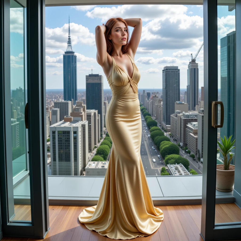 <lora:r3dh3ad:0.7> r3dh3ad. A photograph of r3dh3ad wearing wearing a gold silk gown, standing with arms raised, hair cascading down.