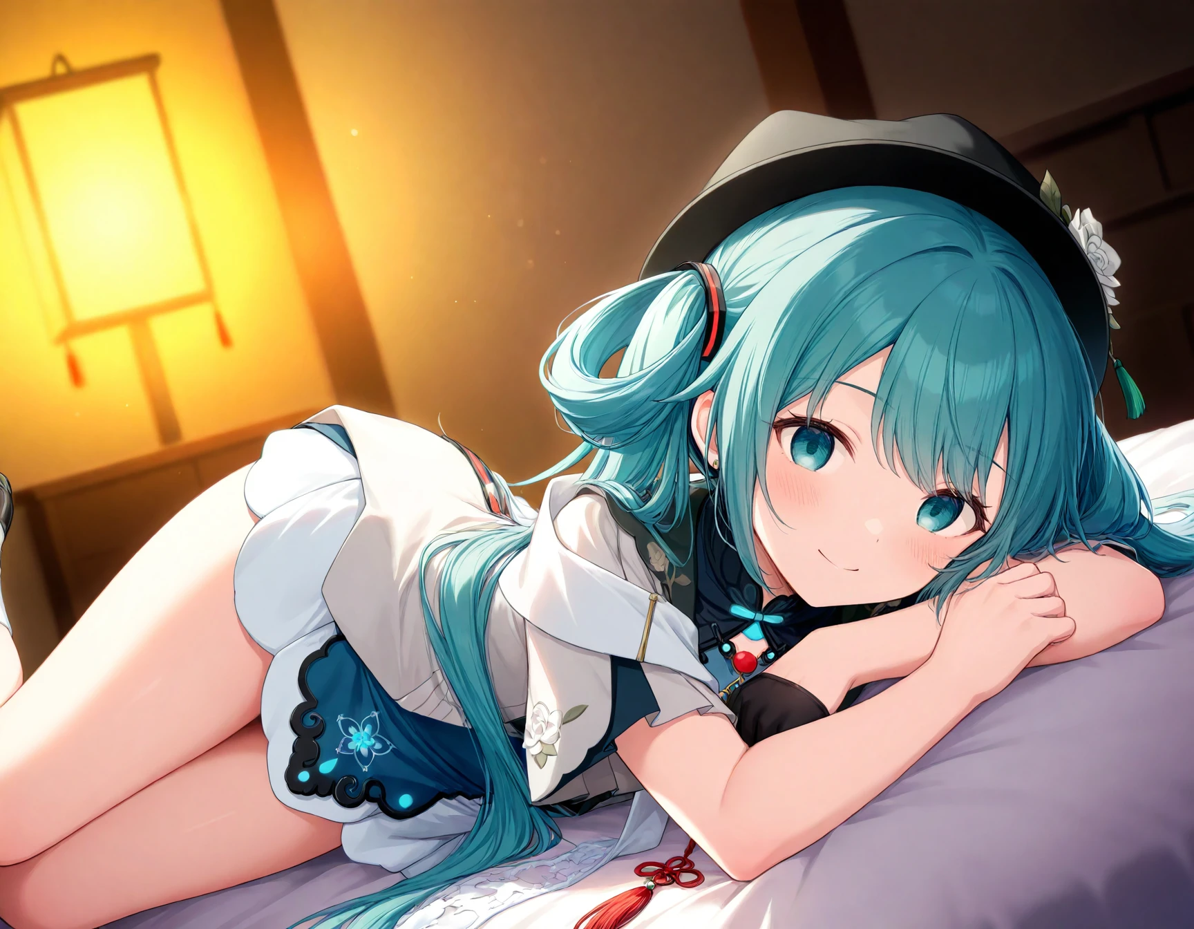 1girl, solo,
hatsune miku \(miku with you 2021\), 1girl, hatsune miku, very long aqua hair, hair rings, aqua eyes, twintails, black headwear, hat flower, white rose, black half gloves, chinese clothes, jewelry, blue dress, shawl, tassel, white socks, black footwear,  legs,
lying, on bed, 
empty eyes, hypnotized eyes, looking at viewer, from side, dynamic angle,
smile, blush, aroused,
indoors, bedroom,
vibrant colors, hyper-detailed,
depth of field, bokeh, blurry background, soft focus, extremely detailed background,
prsk style, project sekai,
masterpiece, high score, great score, very aesthetic, absurdres,
<lora:MikuWithYou2021_anynoob_B:1>