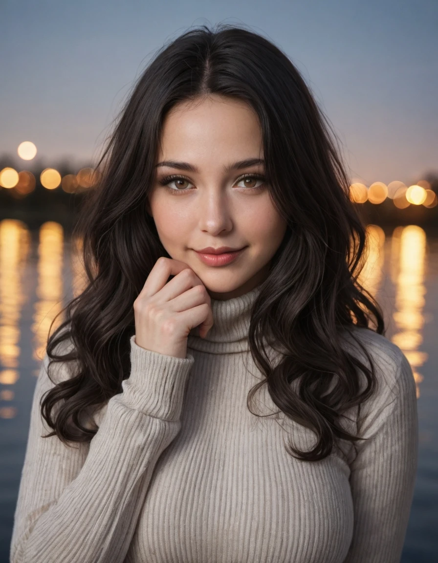 1girl, large breasts, seductive,
black hair, wavy hair, makeup, lipgloss,
turtleneck sweater, hand on own chin, head tilt, smile,portrait, lake, bokeh, depth of field, cinematic lighting,, masterpiece, ultra-HD, photorealistic, high detail, best quality, 8k, best quality, sharp focus, ray-tracing, realistic, depth of field, shallow depth of field, raw photo.