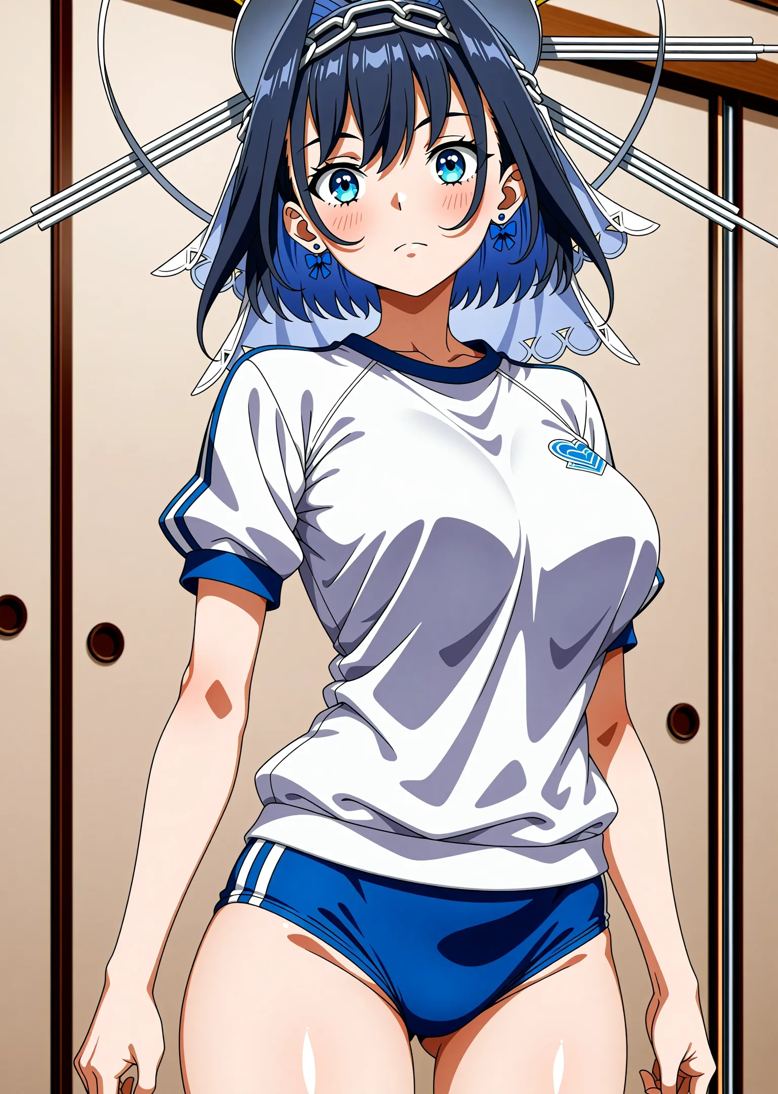 <lora:dmd2_sdxl_4step_lora_fp16:1>,official style,masterpiece,best quality,newest,very aesthetic,highly detailed,high resolution,absurdres,highres,depth of field,super detailed skin,very awa,Anime,anime coloring,anime screencap,<lora:Kronii_V1:0.7>,ouro kronii,blue eyes,blue hair,black hair,bangs,short hair,hair intakes,colored inner hair,white shirt,blue_buruma,