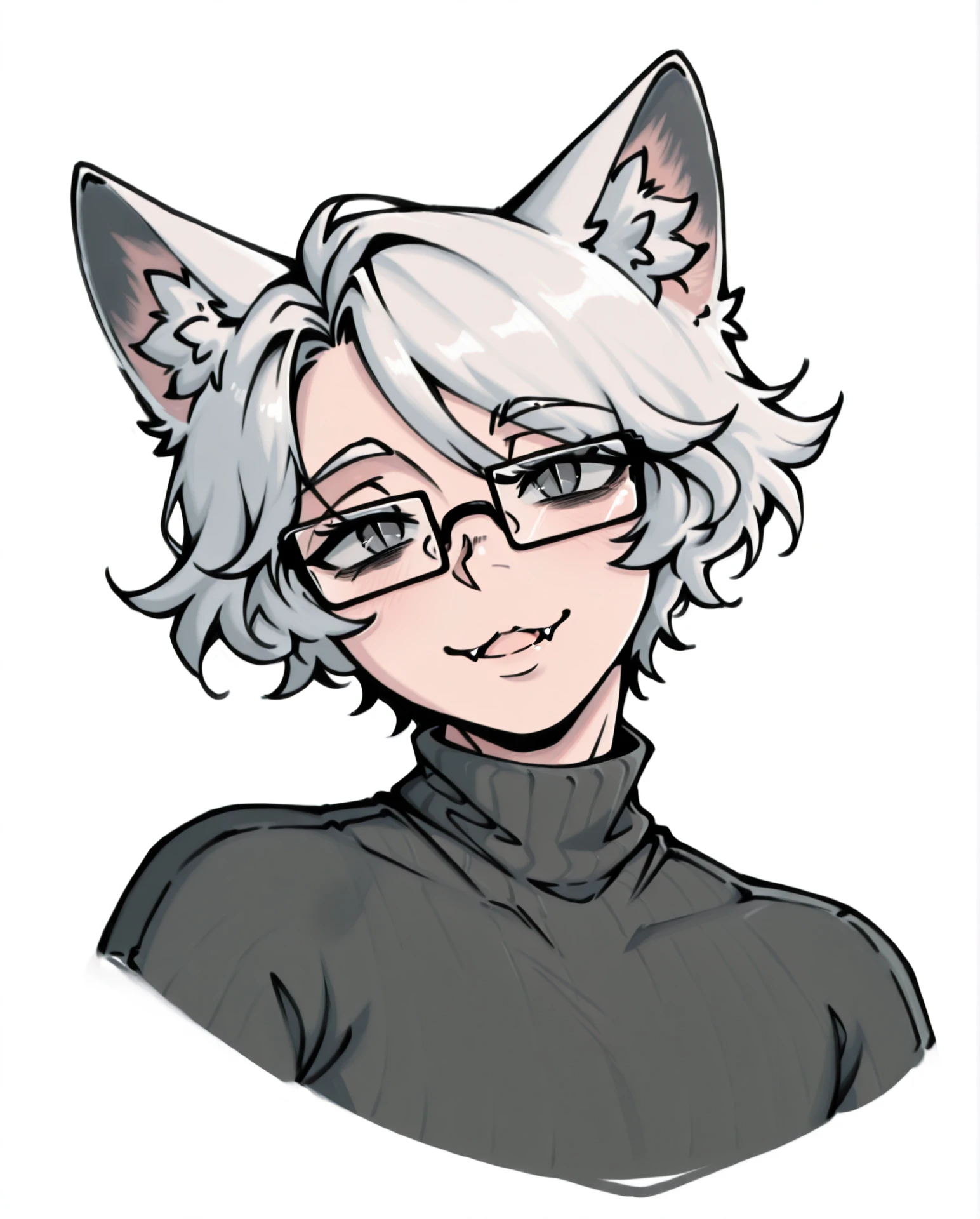 masterpiece, best quality, very aesthetic, detailed face, deatailed body, detailed clothes, detailed eyewear, absurdres, kampfgruppelen,
1boy, solo, androgynous, HBKv2, white hair, short hair, hair between eyes, grey eyes, slit pupils, cat ears, animal ears, animal ear fluff, cat boy, :3, rectangular eyewear, dark grey turtleneck, fangs,
portrait, cropped torso, cropped arms, looking at viewer, head tilt, (3/4 view:1.2), pupils, smile, parted lips, white background,
<lora:anatomy_helper:1><lora:highresbodyfix_v1:1><lora:StS_Age_Slider_Illustrious_v1_1055288:1><lora:kampfgruppeLen:1><lora:Humanized_Boykisser_v2_Character_for_Illustrious:1>