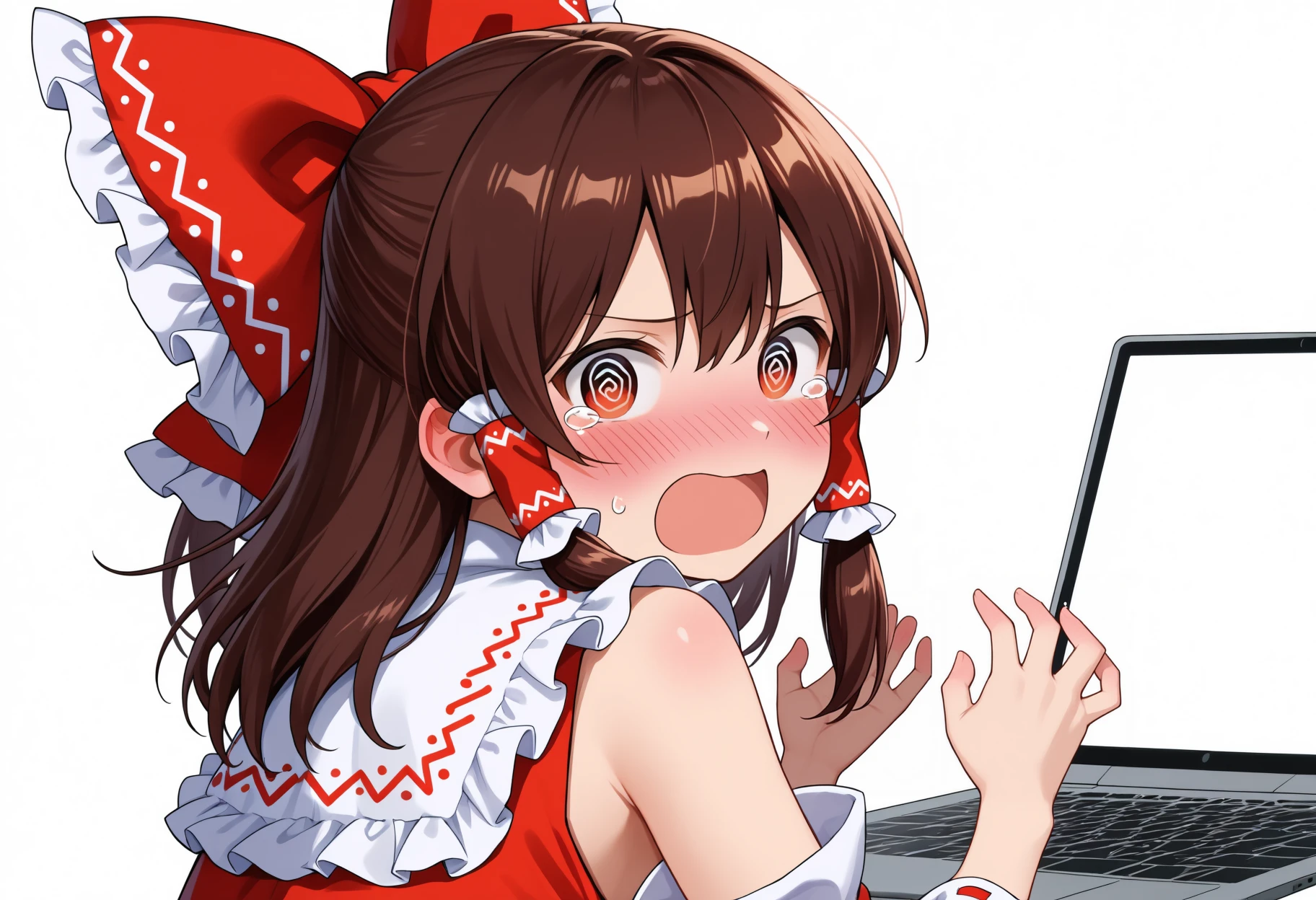 1girl, blush, laptop, tearing up, white background, upper body, looking at viewer, hands up, looking back, open mouth, hakurei reimu, @_@, <lora:it's_all_fucking_lewds_memev3:1>