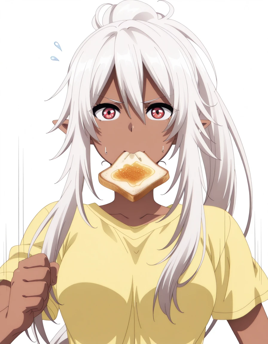 masterpiece, best quality, amazing quality,, <lora:shadow-lambda-s1-illustriousxl-lora-nochekaiser:1>, lambda, long hair, white hair, pointy ears, dark skin, dark-skinned female, sidelocks, ponytail, red eyes, mature female, medium breasts, anime screencap, <lora:food-in-mouth-running-illustriousxl-lora-nochekaiser:1>, food in mouth running, food in mouth, running, bread, bread slice, food, toast in mouth, toast, sweatdrop, motion lines, motion blur, outdoors, straight-on, , <lora:transparent-background-illustriousxl-lora-nochekaiser:1>, transparent background, simple background, white background