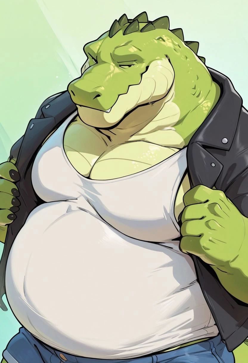 sw1ft_styl3, light green background, abstract background, anthro crocodile, green skin, scales, two tone skin, fat, chubby, thick arms, fat, belly, black claws, black eyes, BREAK black jacket, open jacket, white tank top, navy red denim shorts, BREAK half eyes closed, smile, closed mouth, bust shot, face close-up at viewer, looking at viewer, side angle