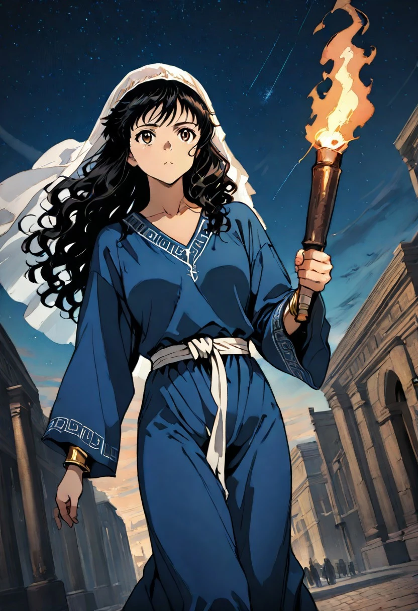 score_9, score_8_up, score_7_up, score_6_up, source_anime,
score_9, score_8_up, score_7_up, anime, warm colors, masterpiece, best quality, amazing quality, girl, ultra detailed, 8k ultra hd, cowboy shot,
black hair, perfect brown eyes, long hair, long wavy hair, medium breasts, brown skin, biblical clothing, ancient Israelite, (blue:1.3) Wool tunic,long dress, v neck, long loose sleeves, long white linen veil, white linen sash, gold bangles,
night time, cold, starry sky, walking, in ancient rome, crowded roman city, starry eyes, holding a torch, in motion, equipment, wind, stands spectacularly,beautiful angle, epic, atmospheric,high detail, looking at viewer, halftone effect, studio artstyle