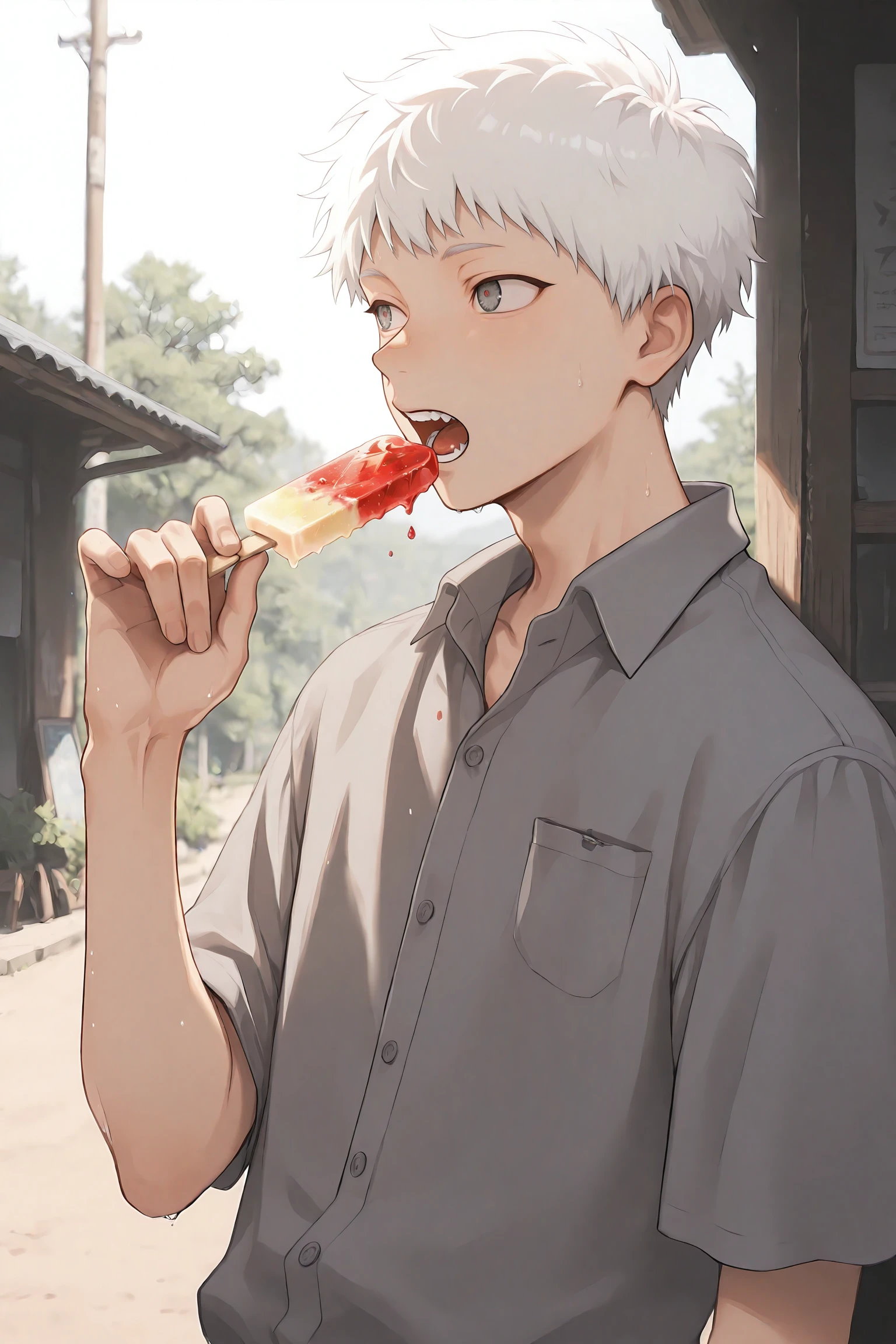 masterpiece, best quality, absurdres, hikaru_indou, male focus, short hair, shirt, 1boy, popsicle, teeth, white hair, collared shirt, grey eyes, grey shirt, white shirt, food, holding, open mouth, looking to the side, holding food, upper body, buttons <lora:hikaru_indou:0.8>