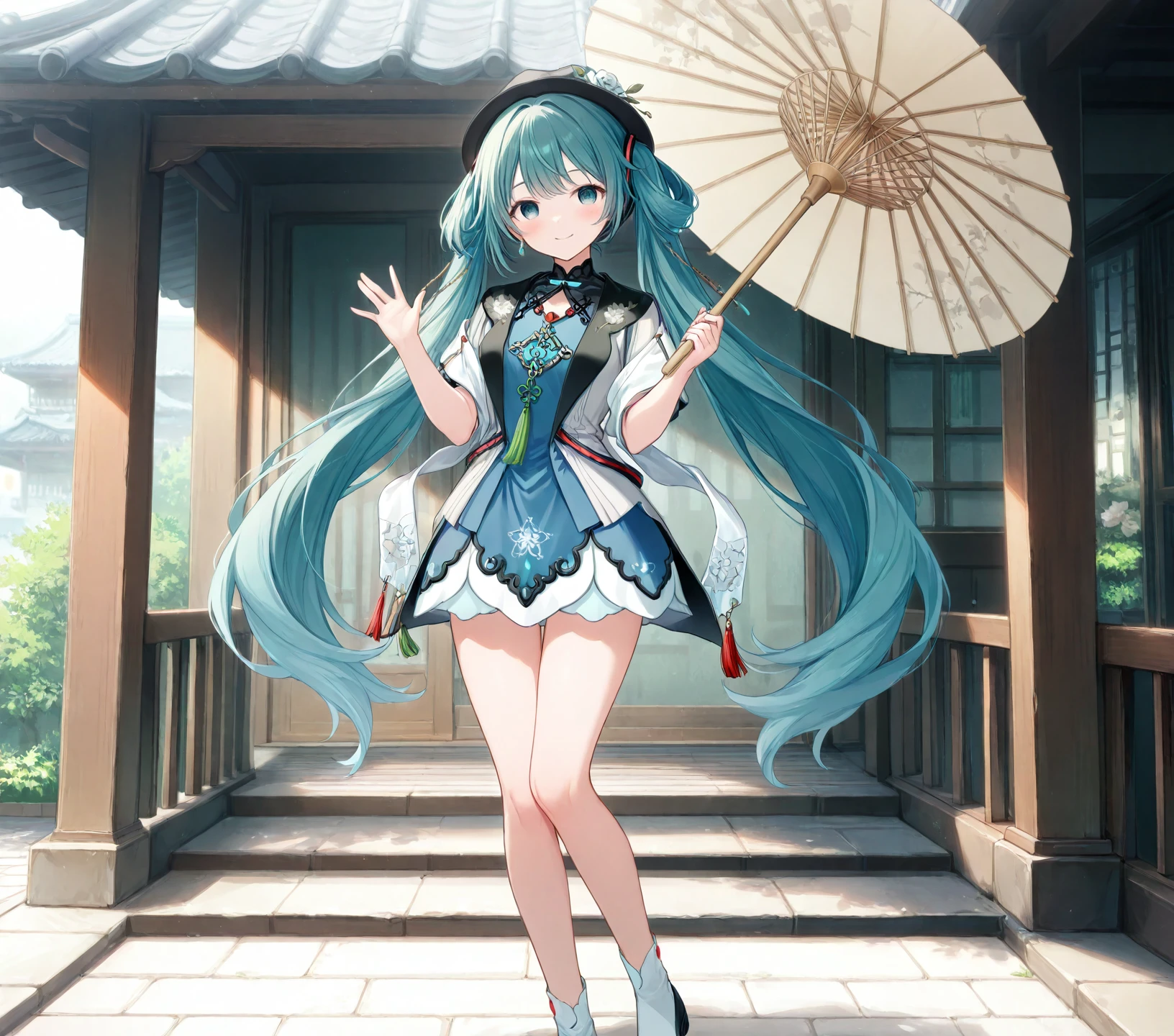 1girl, solo,
hatsune miku \(miku with you 2021\), 1girl, hatsune miku, very long aqua hair, hair rings, aqua eyes, twintails, black headwear, hat flower, white rose, black half gloves, chinese clothes, jewelry, blue dress, shawl, tassel, white socks, black footwear,  legs,
holding oil-paper umbrella, standing, waving,
empty eyes, hypnotized eyes, looking at viewer, 
smile, blush, aroused,
outdoors, chinese garden,
vibrant colors, hyper-detailed,
depth of field, bokeh, blurry background, soft focus, extremely detailed background,
prsk style, project sekai,
masterpiece, high score, great score, very aesthetic, absurdres,
<lora:MikuWithYou2021_anynoob_B:1>