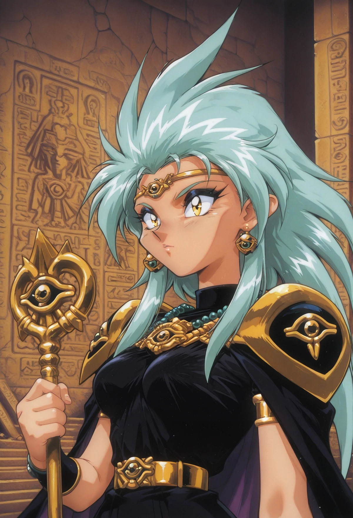 upper body, sl4y3rs-style, traditional media, 1990s (styles), retro artstyle, 1girl, solo, ryouko \(tenchi muyou!\), yellow eyes, holding staff, gold, millennium tiara, eye of horus, ancient egyptian clothes, black eyeshadow, black dress, shoulder pads, earrings, necklace, armlet, bracelet, ruins, hieroglyphics,
<lora:millennium-10:1> <lora:Ryoko_IL:.5> <lora:Slayers-Artstyle:1>