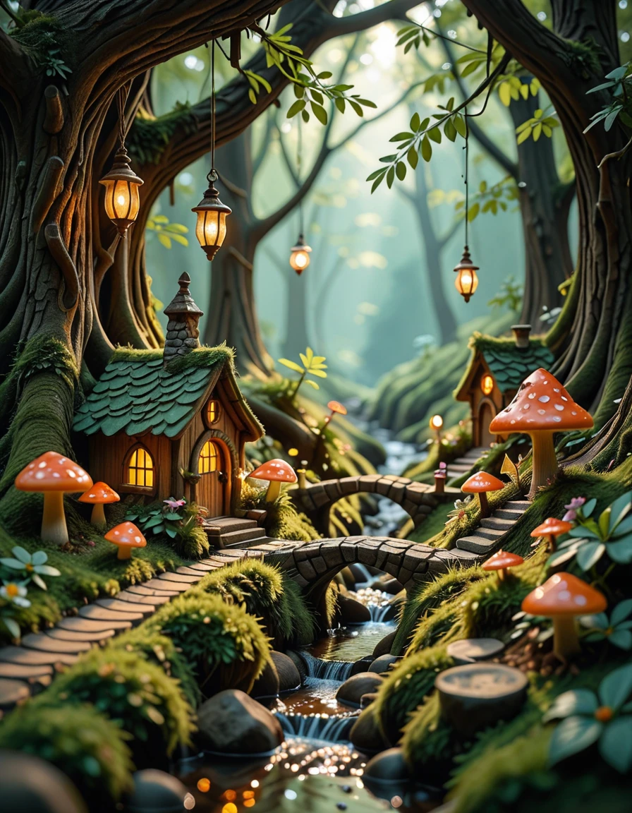 Deep within an enchanted forest, hidden beneath the mossy roots of ancient trees and glowing mushrooms, lies a miniature fairy village. Tiny, luminescent cottages made from acorns, bark, and shimmering crystal leaves are nestled among winding roots and soft green moss. Delicate stone bridges arch over trickling brooks that sparkle with magic-infused water. Lanterns made from hollowed-out firefly shells hang from branches, casting a gentle golden glow across the village paths made of polished pebbles and flower petals. The air is filled with the scent of wildflowers and sweet nectar, and the gentle hum of unseen wings occasionally stirs the leaves. Above, shafts of sunlight break through the dense canopy, illuminating the scene like a dream. Everything feels alive, vibrant, and timelessâas if the forest itself protects and nurtures this hidden, magical haven.miniature fairy v1ll4g3, <lora:miniature_fairy_v1ll4g3-i:1>, Masterpiece,best quality,hi res,8k,hi res,8k,award winning,(sharp focus, intricate, highly detailed),